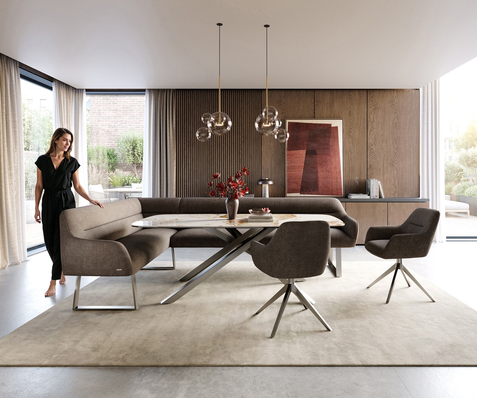 Esszimmerbank Taya-Flex 285x190 cm Strukturstoff Soft Taupe Kufengestell kantig Edelstahl Taschenfederkern Rechts 2