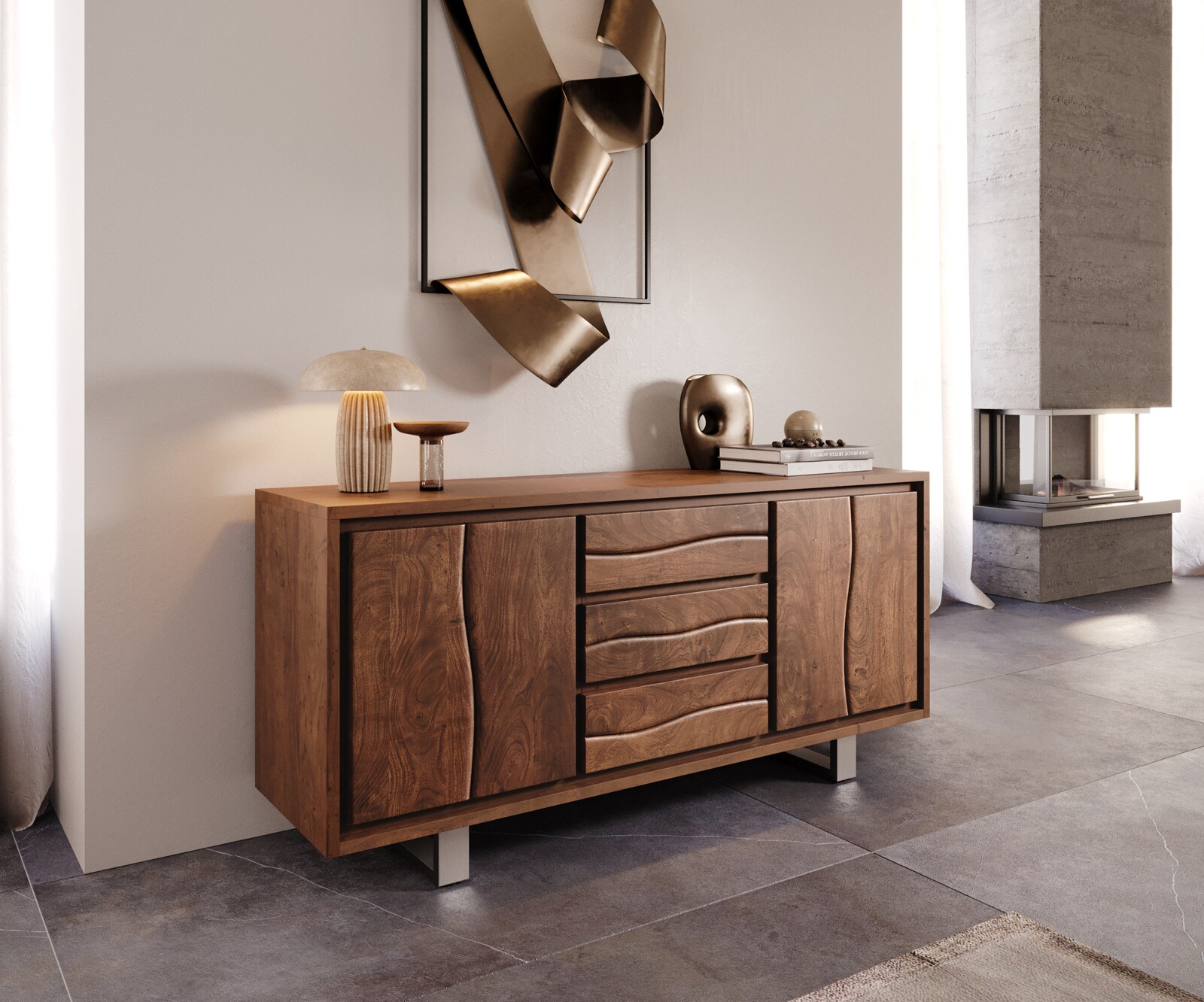 Kommode Live-Edge Türen & Schubkästen Baumkante Sideboard 5