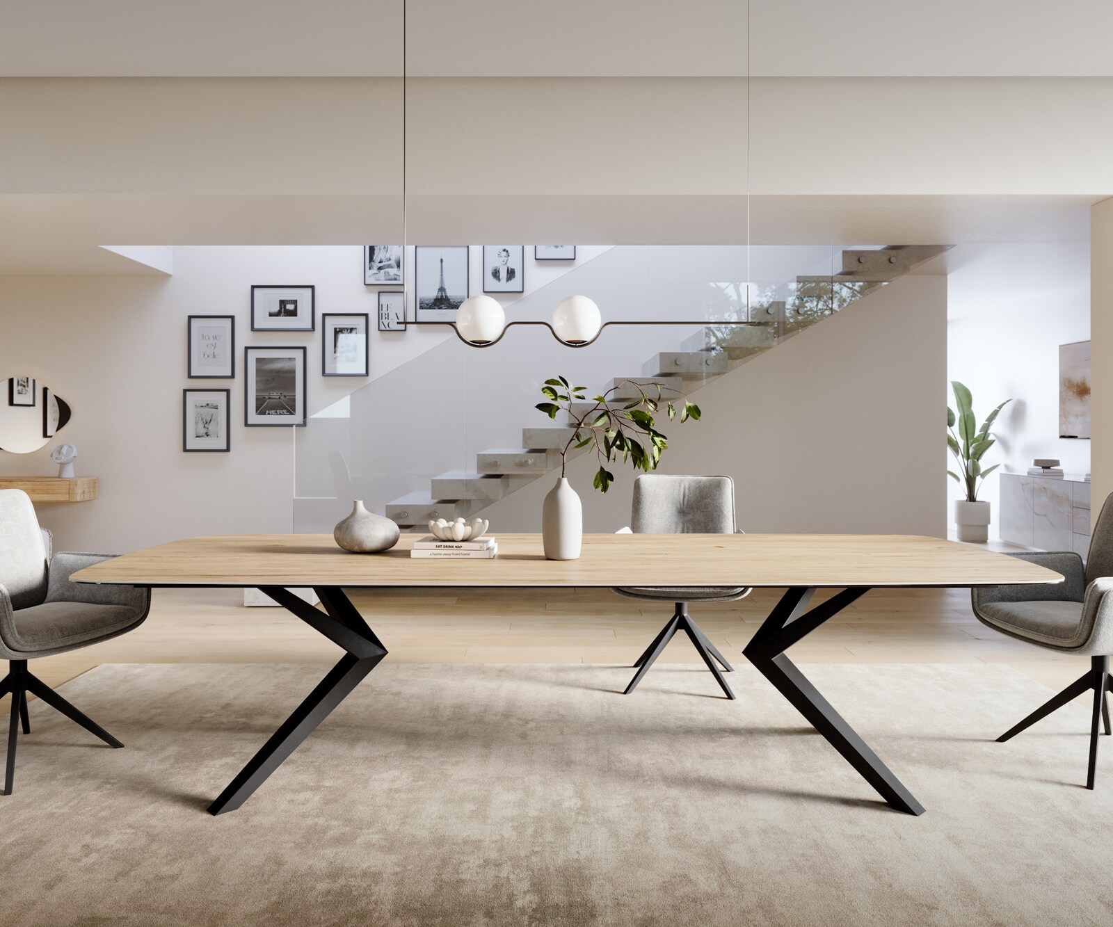 Esstisch Edge Boot 300x120 cm Keramik Laminam® Sabbia Eichefarbig Zenthara kantig Metall Schwarz 2