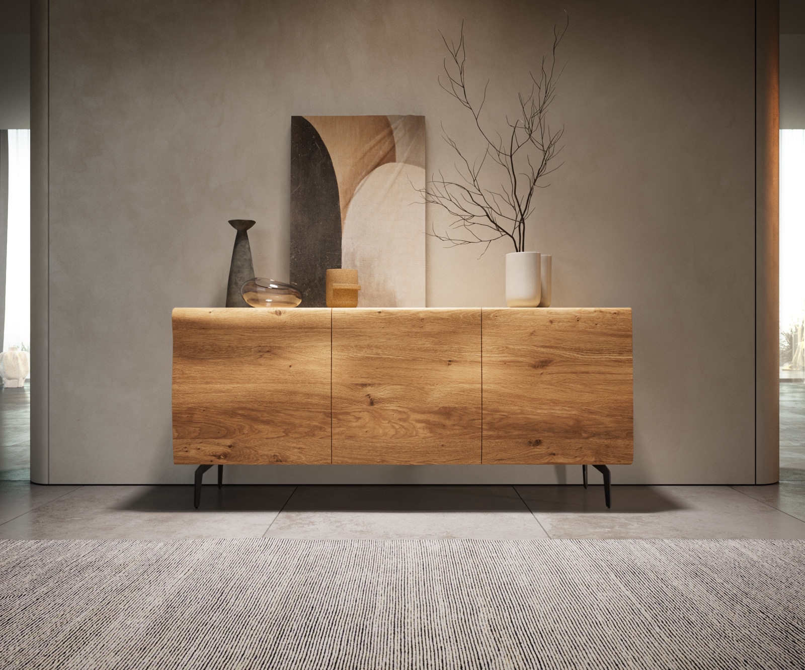 Sideboard New Live-Edge 145 cm Eiche Natur 3 Türen Winkelfuß Metall Schwarz