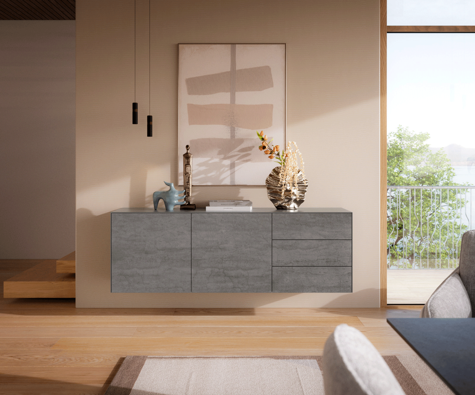 Sideboard Cuor 180 cm Keramik Beton Grau 2 Türen 3 Schubfächer Schwebend 1
