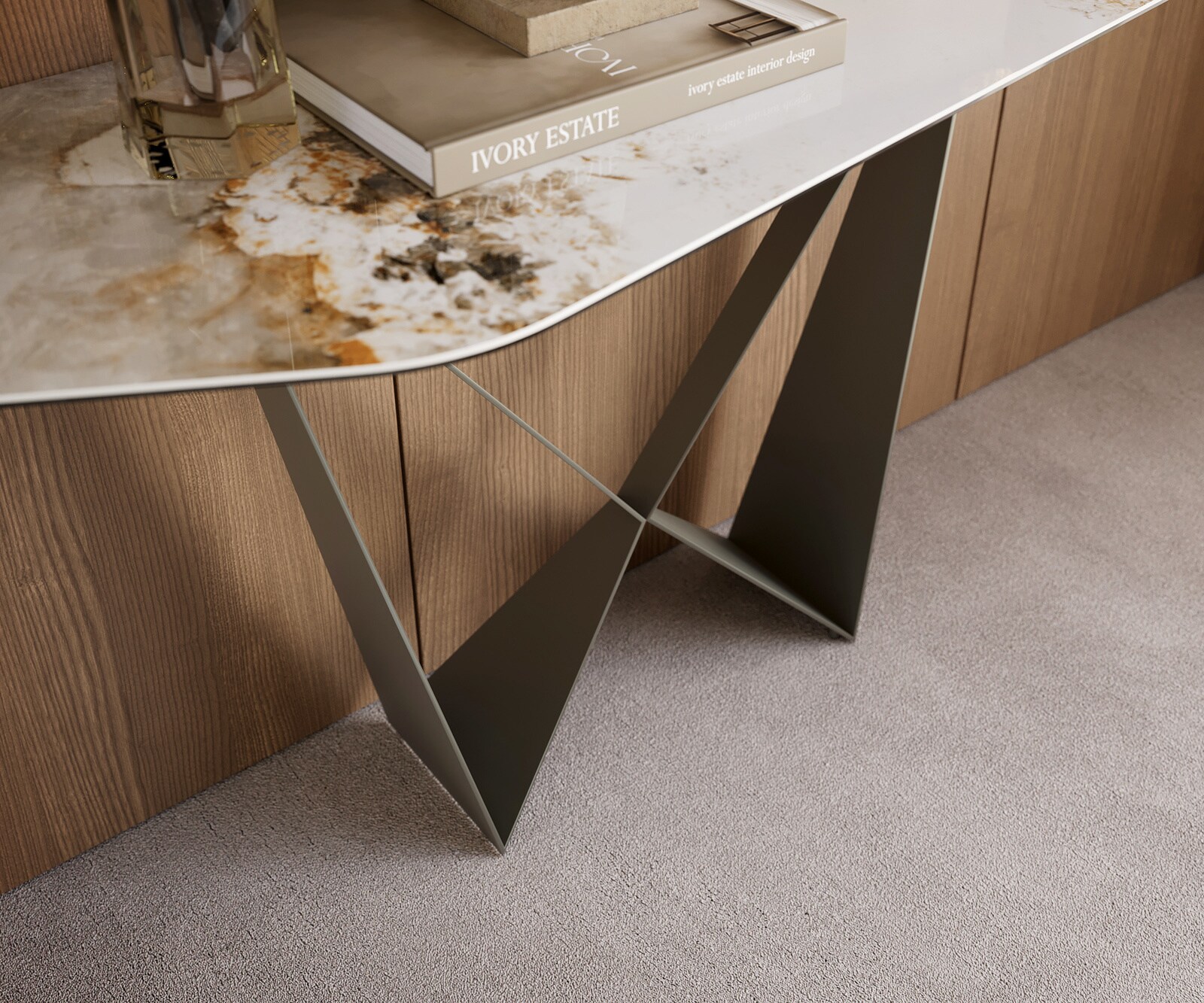Konsolentisch Edge Polygonal 180x50 cm Keramik Minas Melange Weiß-Beige Spios Metall Effektfinish Titan 5