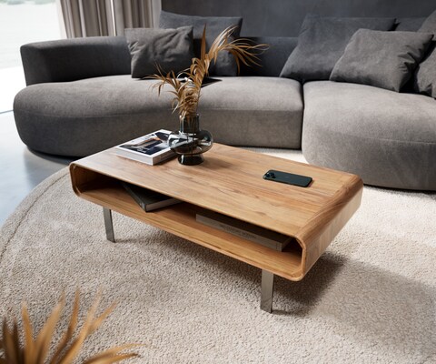 Wohnzimmertisch Anaya Akazie Natur 100x50 cm 1 Fach L-Fuß Edelstahl Couchtisch