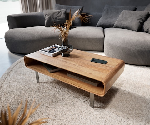 Wohnzimmertisch Anaya Akazie Natur 100x50 cm 1 Fach L-Fuß Edelstahl Couchtisch