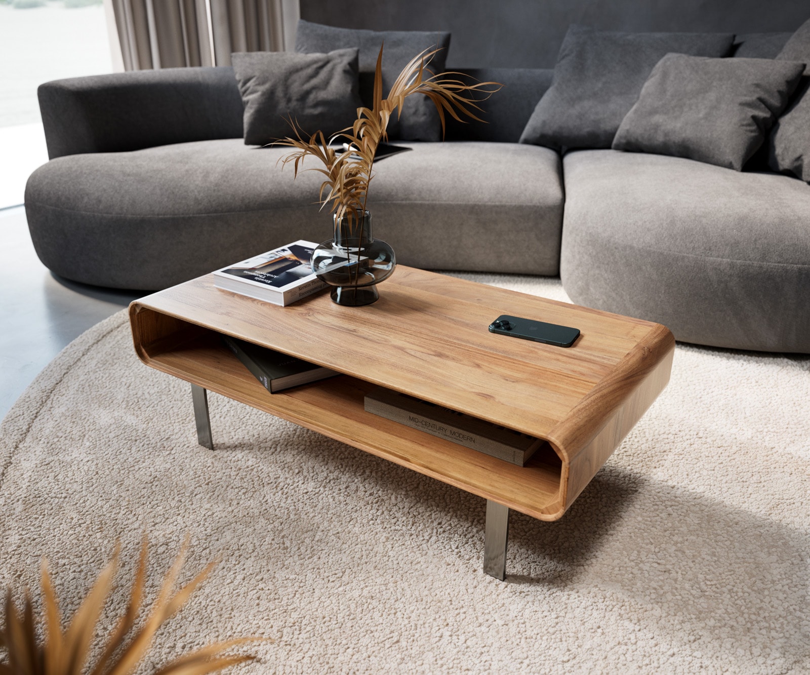 Couchtisch Anaya 100x50 cm Akazie Natur 1 Fach L-Fuß Edelstahl