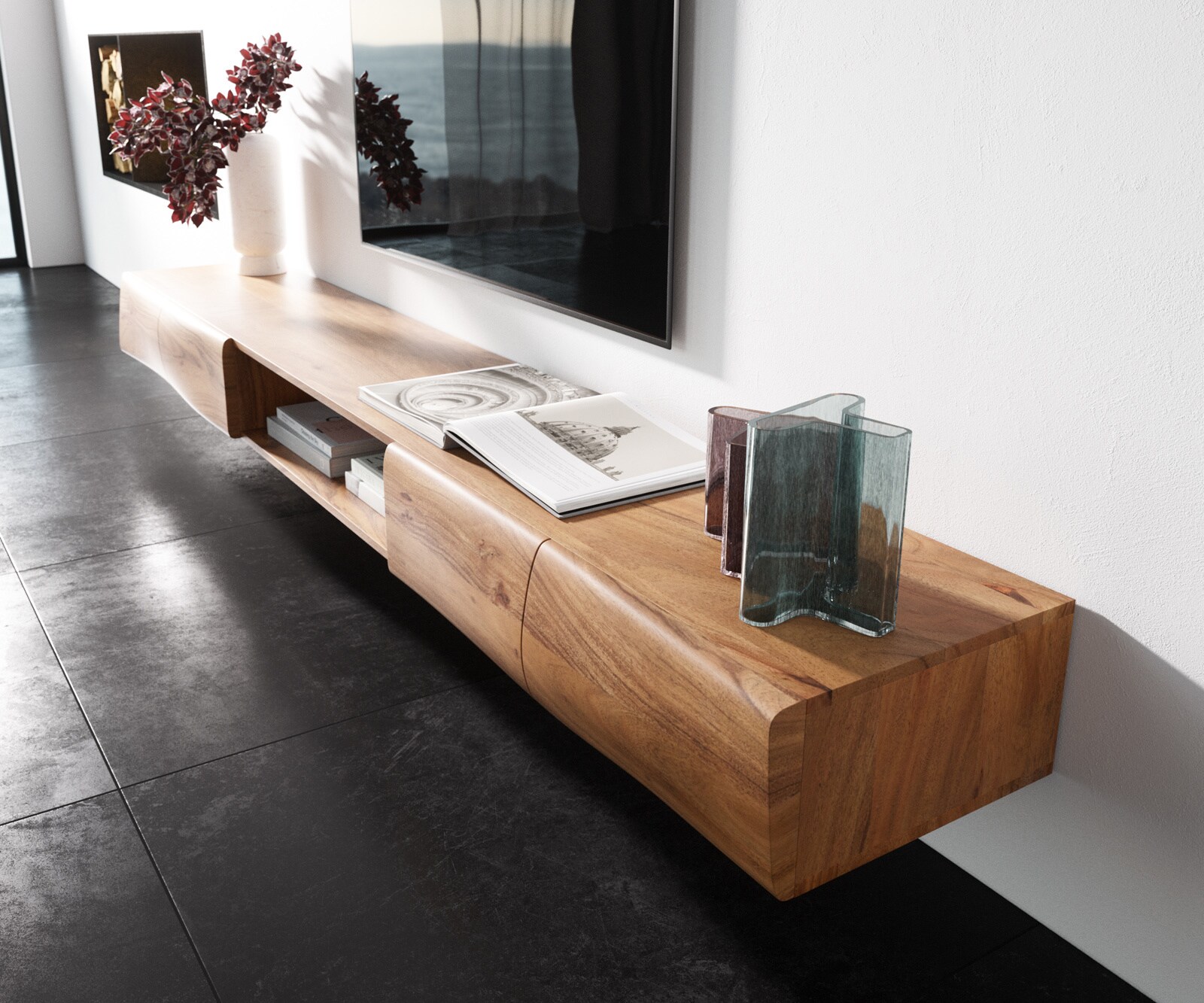 Lowboard New Live-Edge 240 cm Akazie Natur 4 Türen 1 Fach schwebend 1