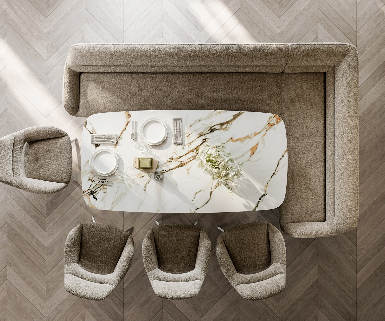 Esszimmerbank Taya-Flex 285x190 cm Bouclé Schlamm Kufengestell kantig Edelstahl Taschenfederkern Links 5