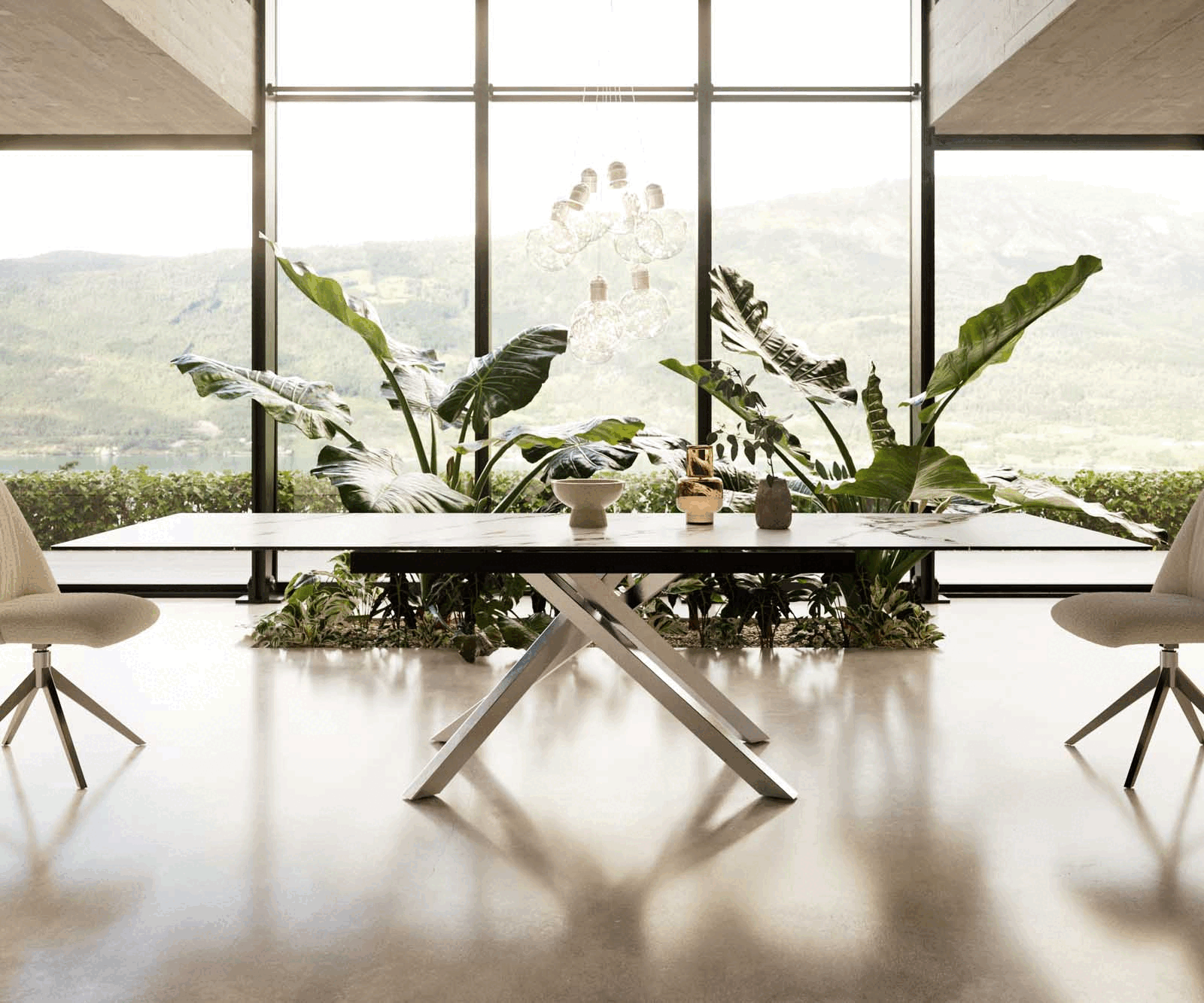 Esstisch Edge 200-300x100 Keramik Calacatta Luxe Weiß-Gold-Grau Kreuzgestell Rechteck Edelstahl ausziehbar 1