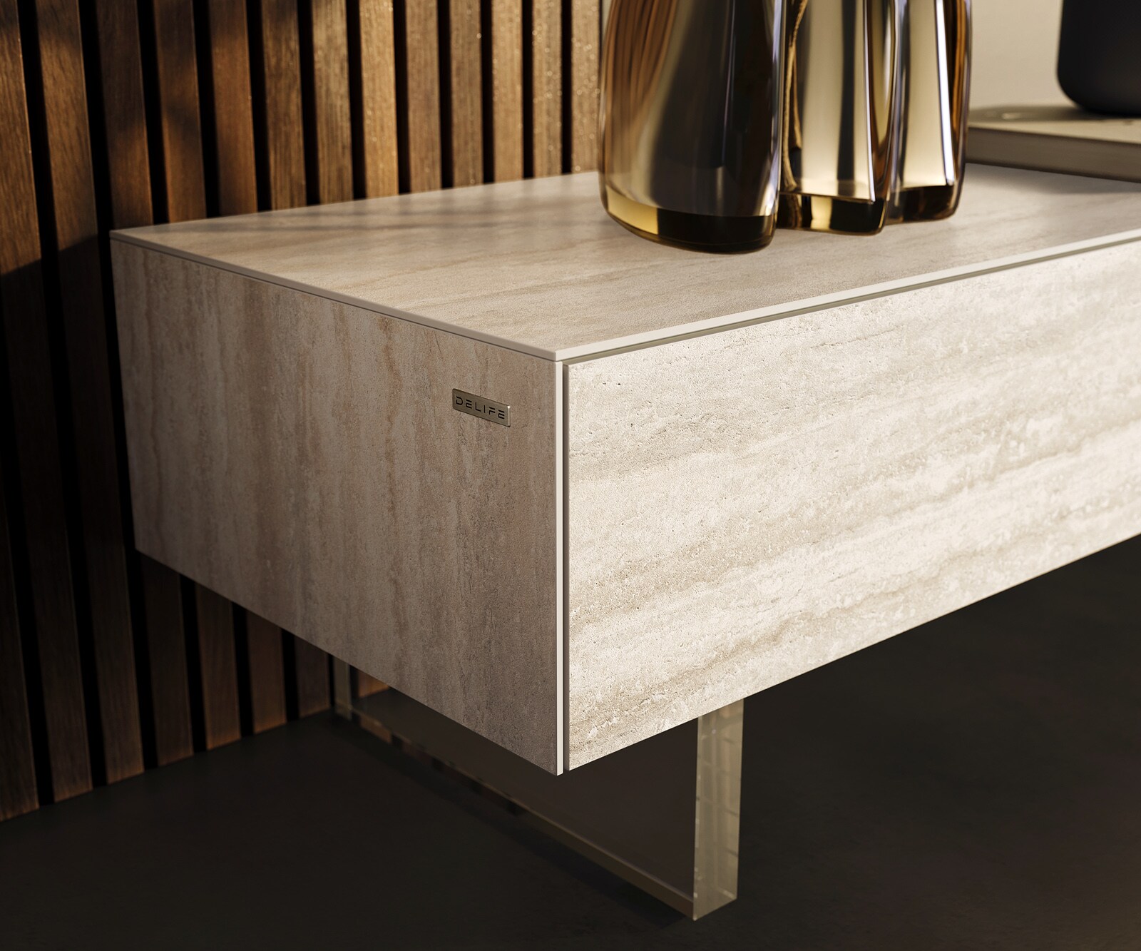 Lowboard Cuor 200 cm Keramik Laminam® Travertino Bianco Creme-Weiß 1 Klappe 1 Schubfach Fuß Schwebeoptik Acrylglas 5