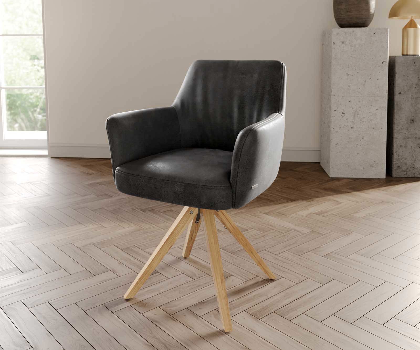 Drehstuhl Xana-Flex mit Armlehnen Mikrofaser Anthrazit Vintage Holzgestell kantig Natur 360° drehbar Taschenfederkern