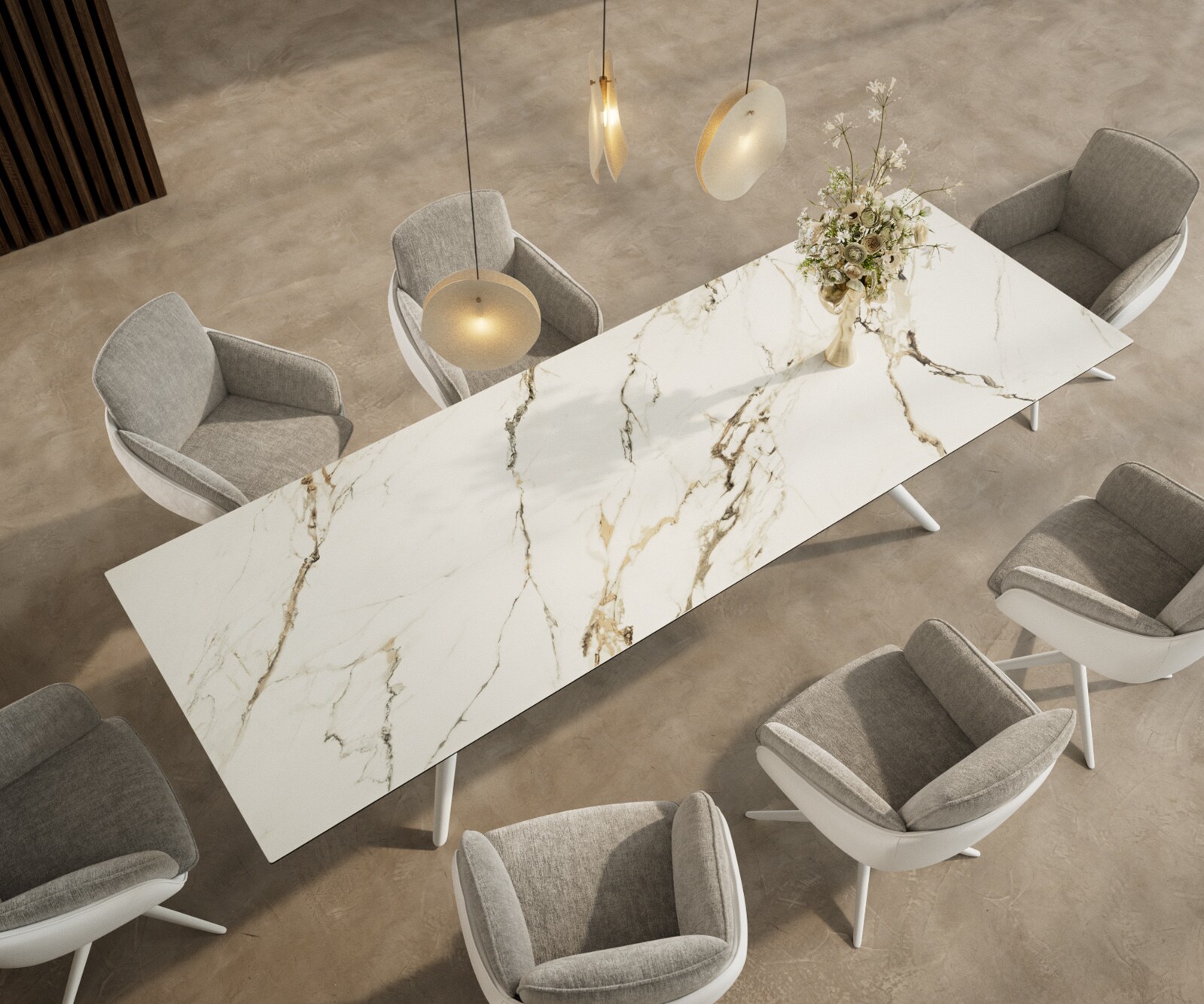Esstisch Edge 300x100 Keramik Calacatta Luxe Weiß-Gold-Grau Estelar rund Metall Weiß 3