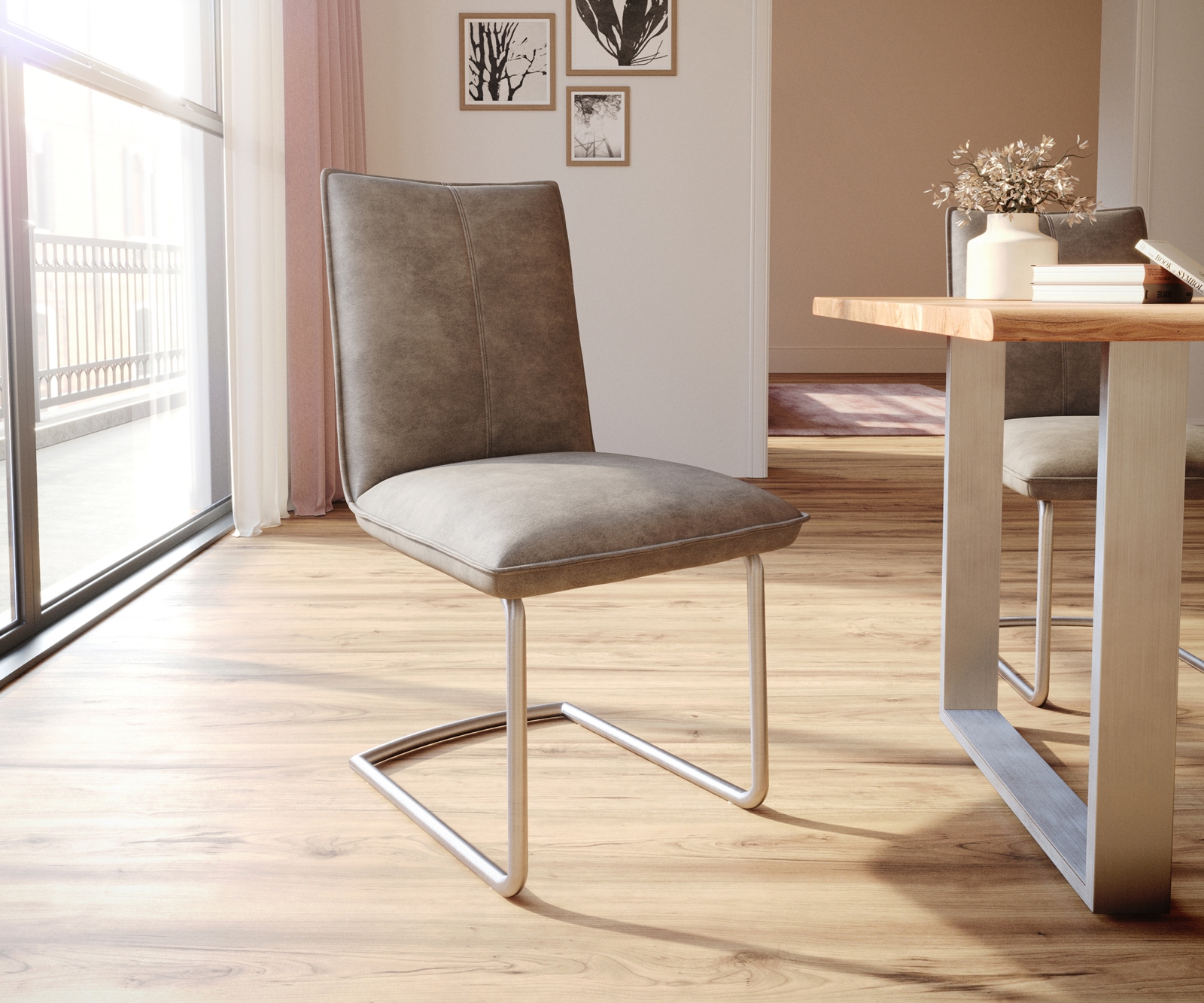 Freischwinger Lelio-Flex Mikrofaser Taupe Vintage Freischwinger rund Edelstahl Taschenfederkern Freischwinger Lelio-Flex Mikrofaser Taupe Vintage Freischwinger rund Edelstahl Taschenfederkern