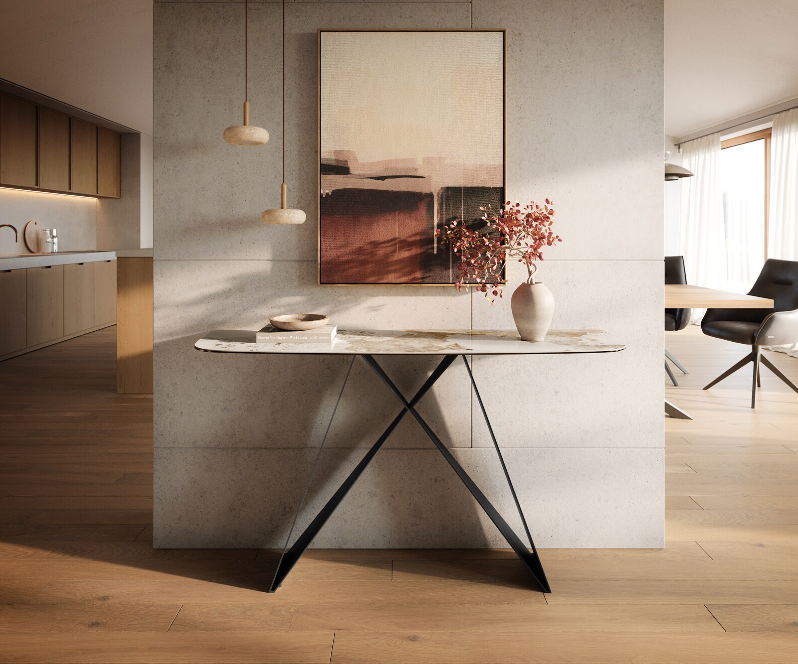 Konsolentisch Edge Boot 140x40 cm Keramik Minas Melange Weiß-Beige Velio Metall Schwarz 3