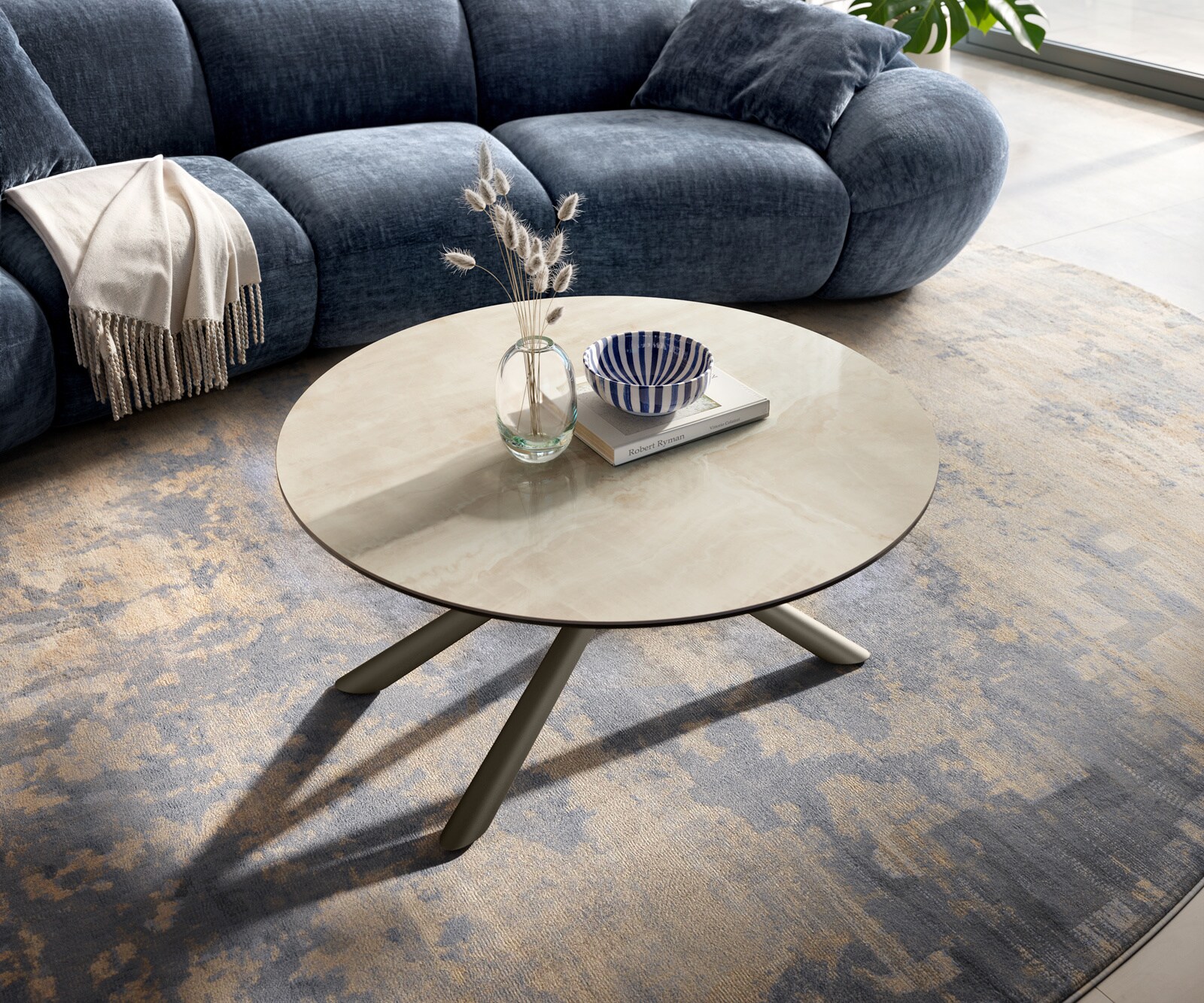 Couchtisch Edge Rund 90x90 cm Keramik Onyx Champagne Sarity Metall Effektfinish Titan 3