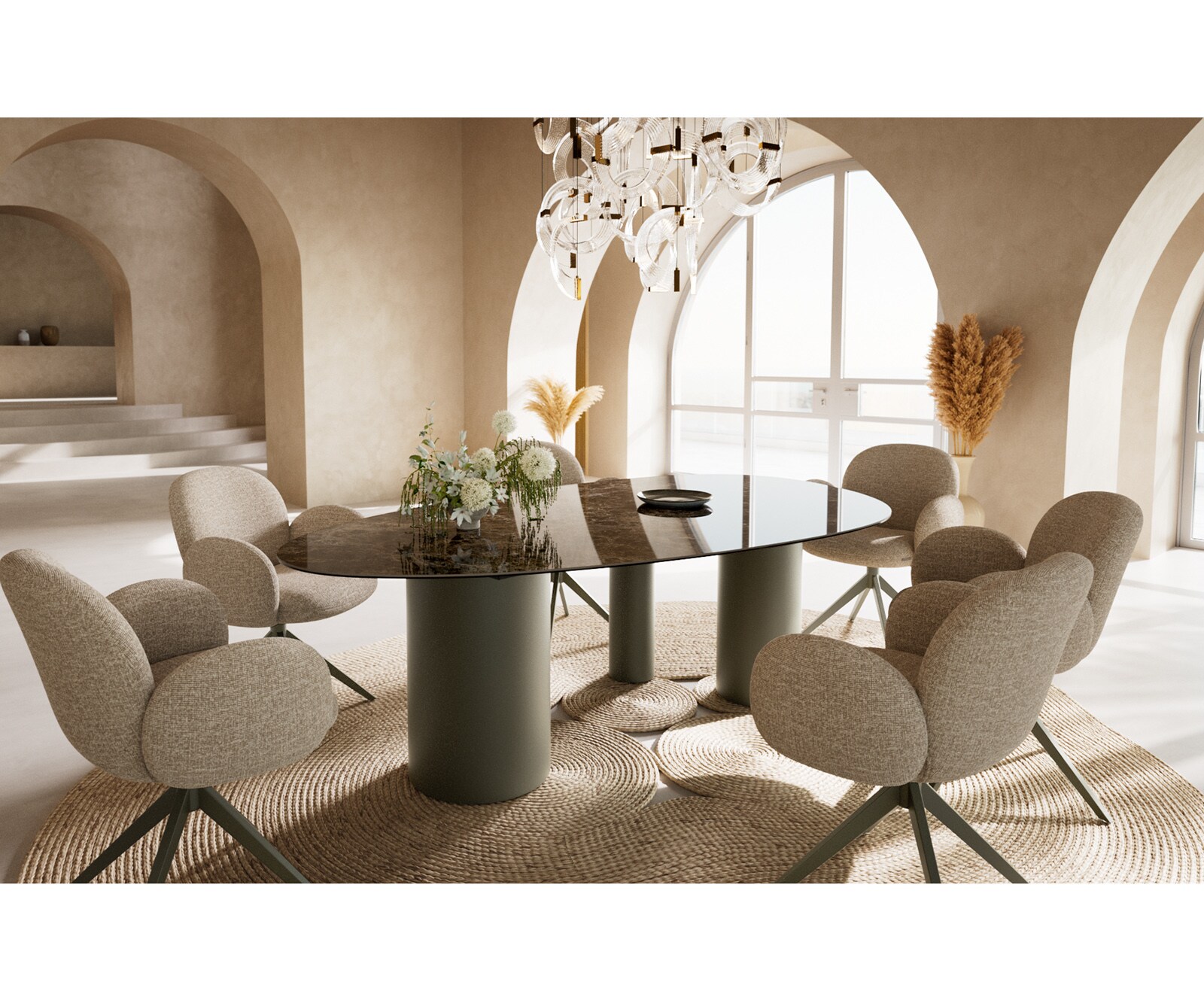Esstisch Edge Oval 220x120 Keramik Laminam® Emperador Extra Lucidato Dunkelbraun Troa Metall Effektfinish Titan 6