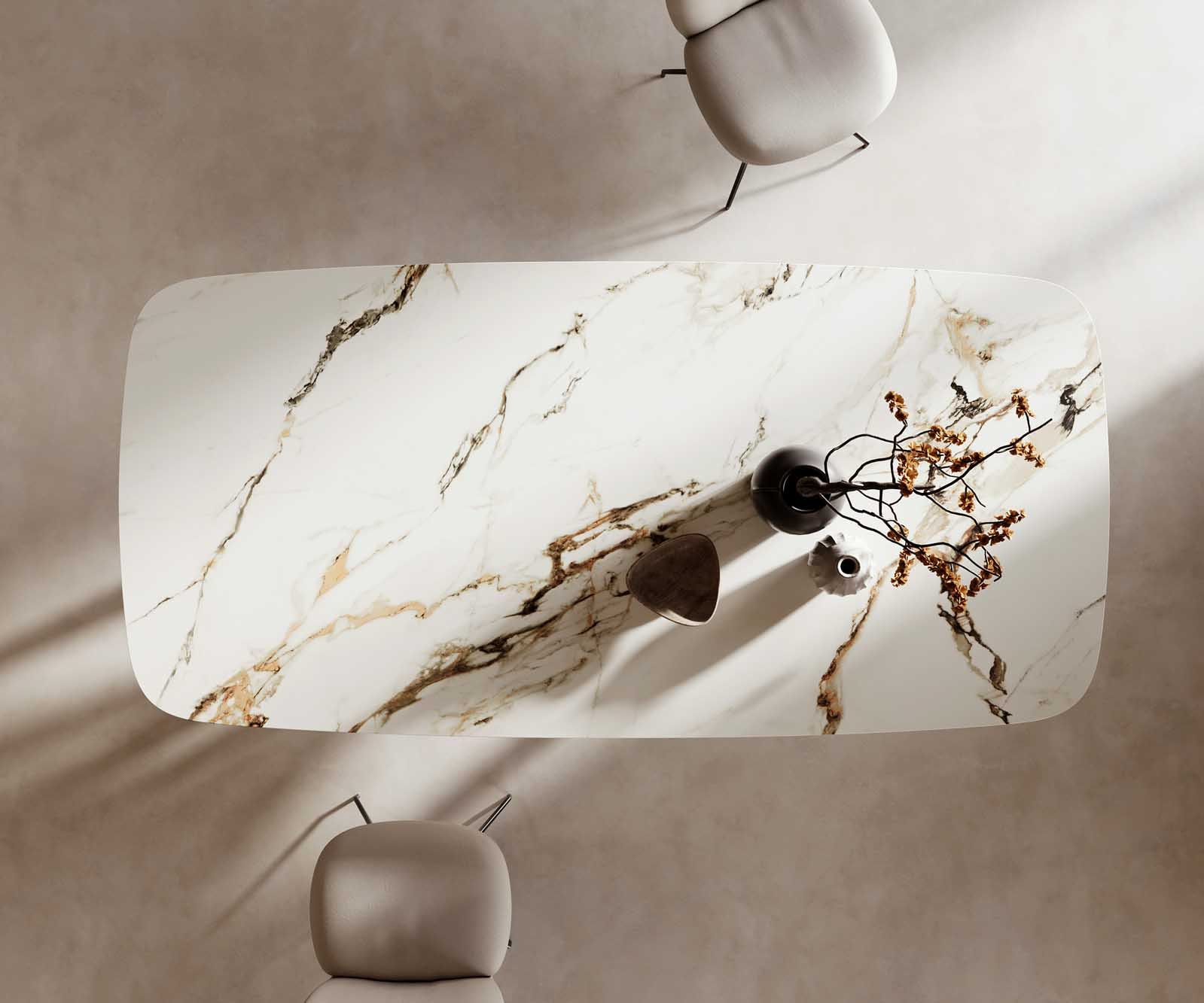 Esstisch Edge Boot 240x120 Keramik Calacatta Luxe Weiß-Gold-Grau V-Gestell Flachstahl Schwarz 7
