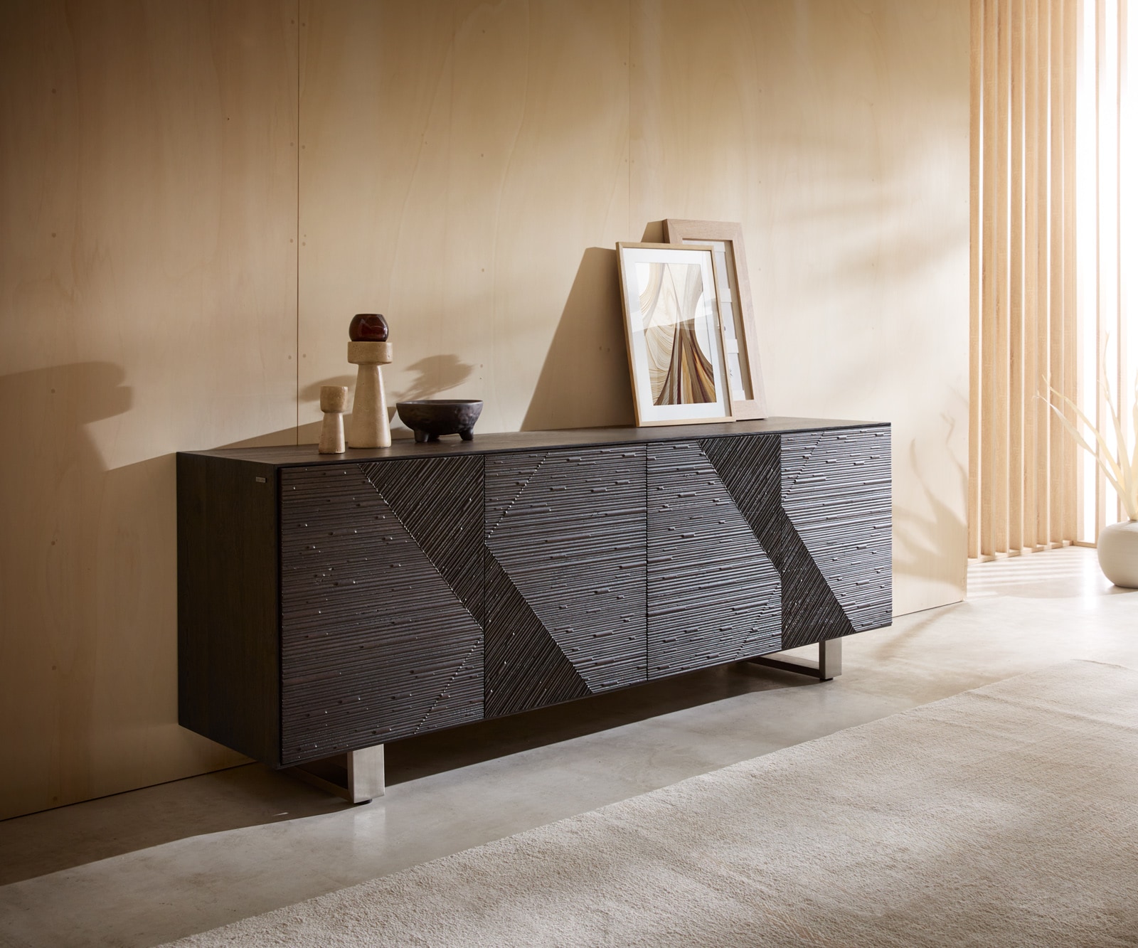 Sideboard Tereos 200 cm Esche Dunkelbraun 3D Effekt 4 Türen Kufe Edelstahl gebürstet Sideboard Tereos 200 cm Esche Dunkelbraun 3D Effekt 4 Türen Kufe Edelstahl gebürstet