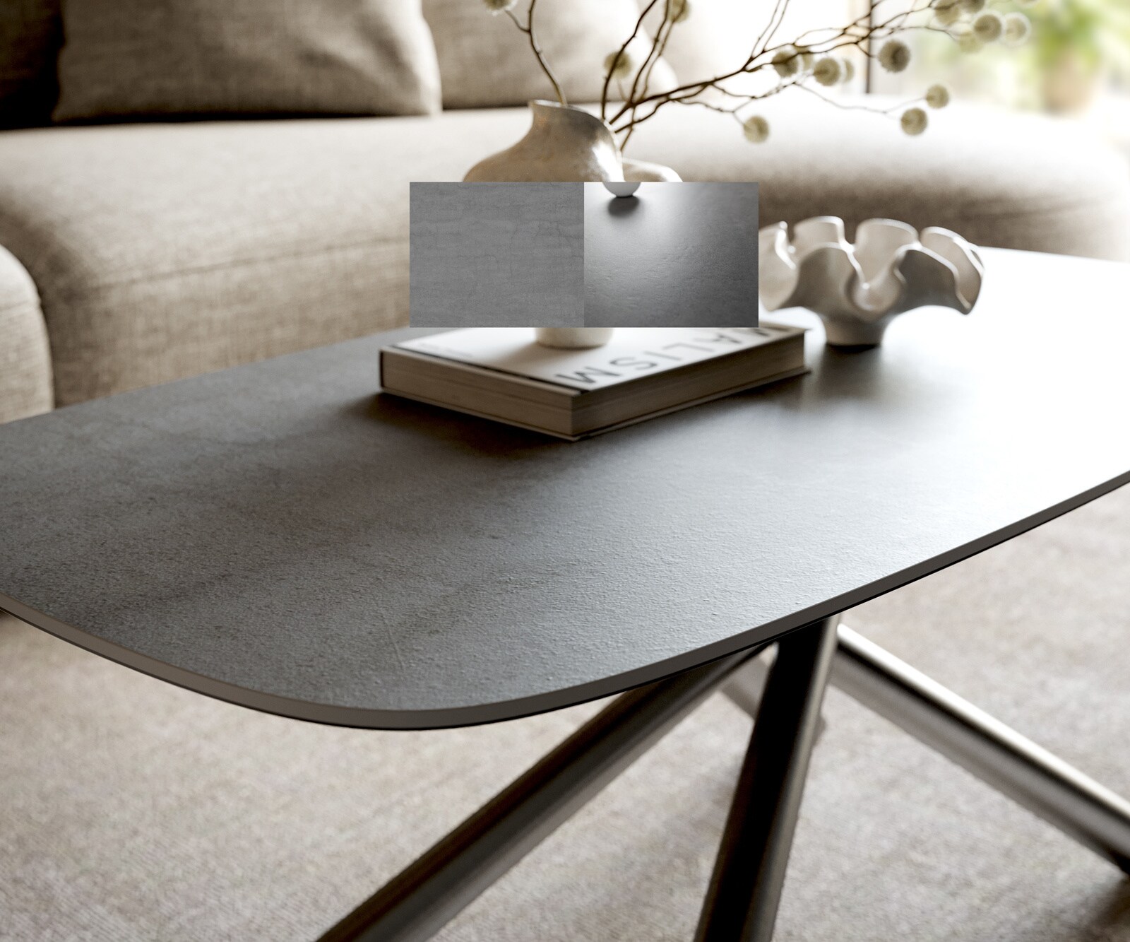 Couchtisch Edge Boot 100x50 cm Keramik Beton Grau Sarity Edelstahl gebürstet 3