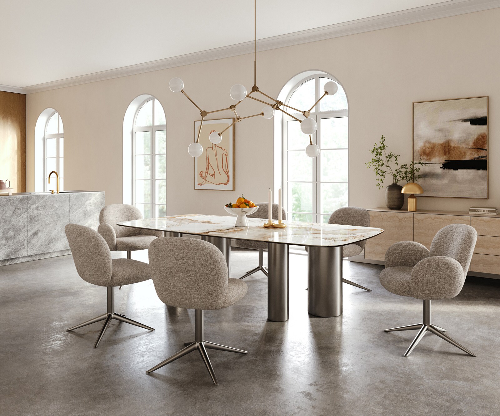 Esstisch Edge Boot 240x120 cm Keramik Minas Melange Weiß-Beige Pilier Edelstahl Graphit 6