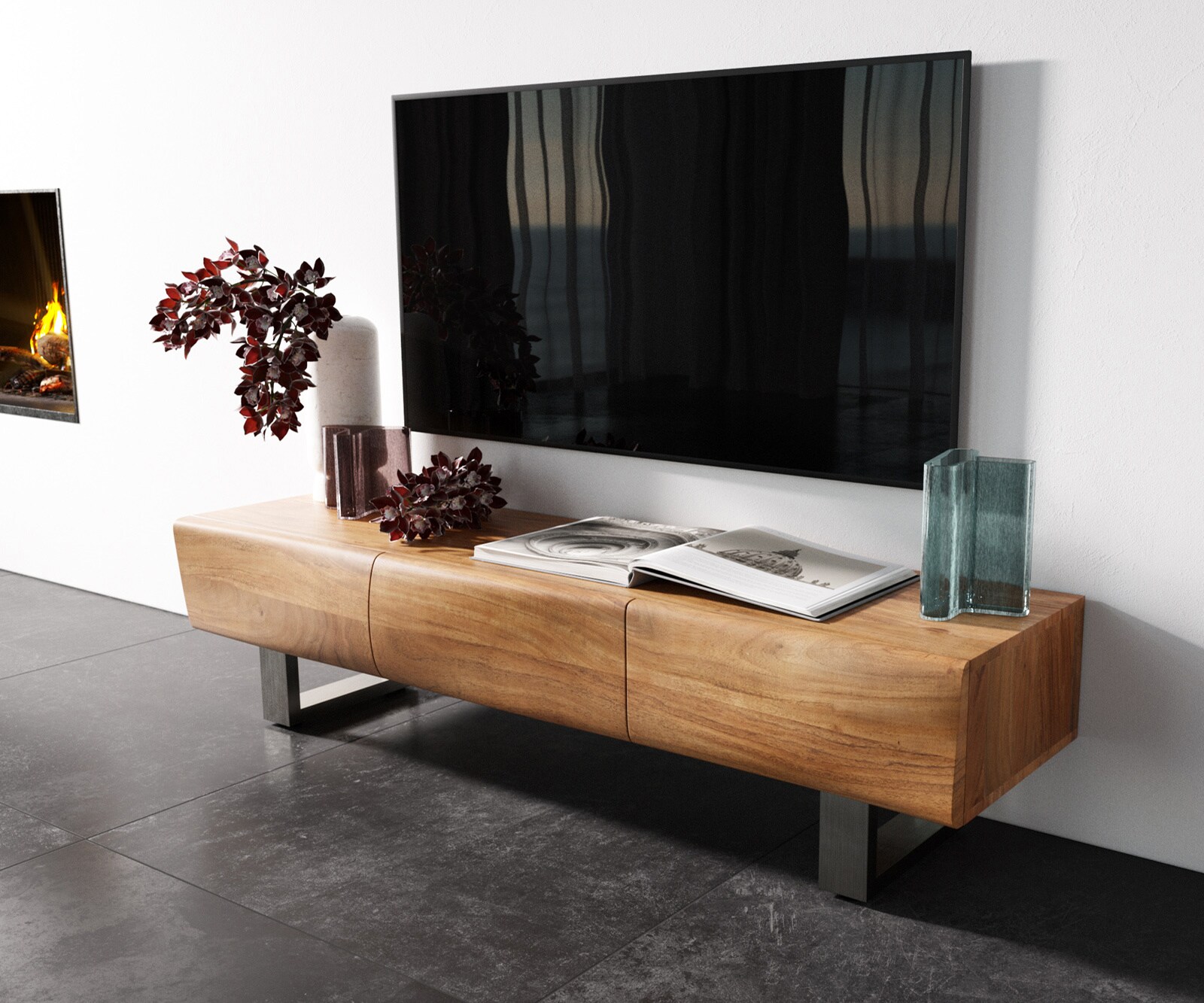 Lowboard New Live-Edge 145 cm Akazie Natur 3 Türen Kufe Edelstahl gebürstet