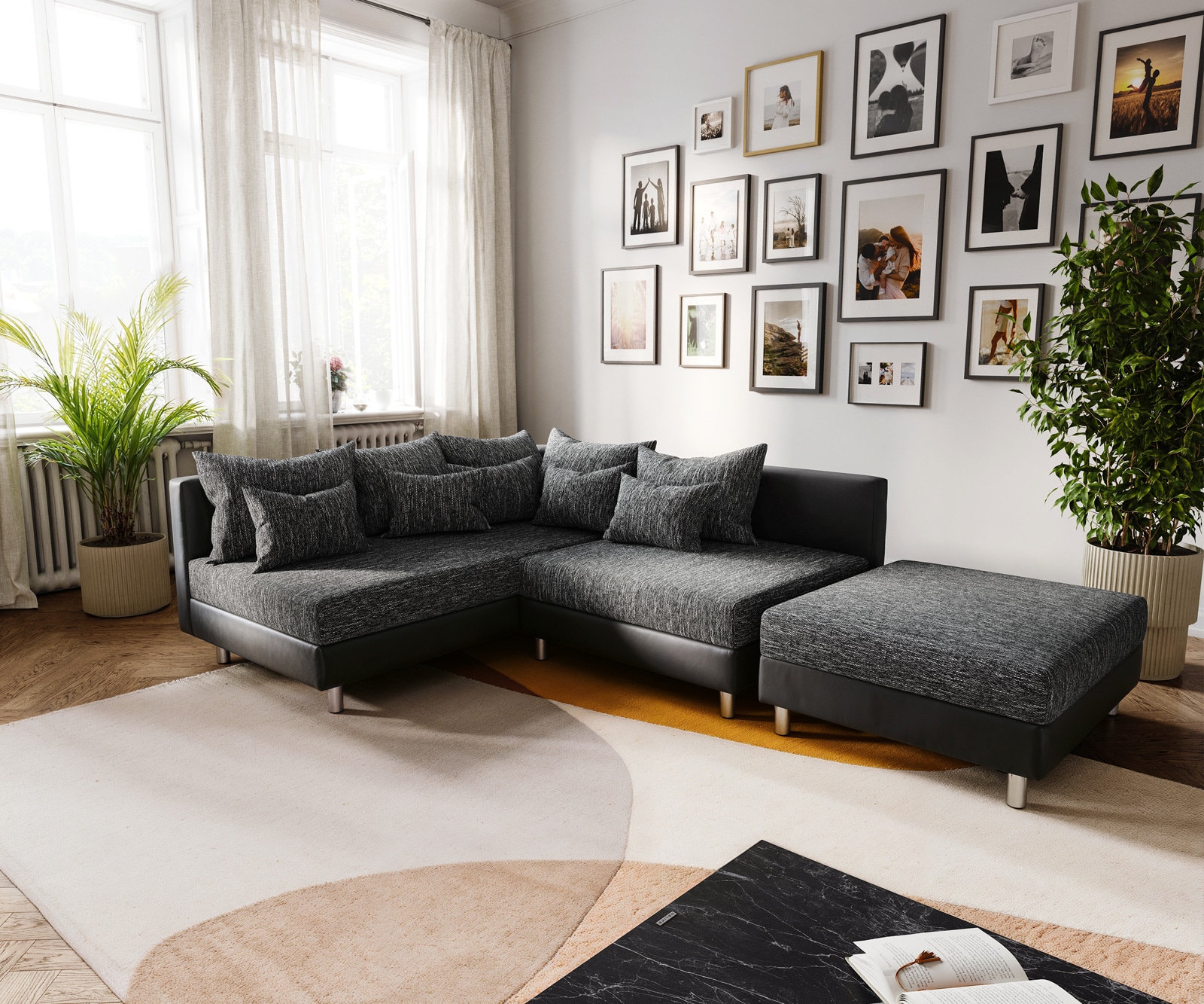 Ecksofa Clovis Schwarz Modulsofa Hocker Ottomane Links günstig online kaufen