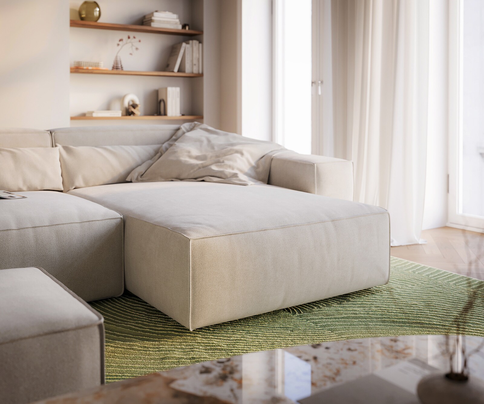 Ecksofa Sirpio XL 270x170 cm Strukturstoff Soft Beige Recamiere variabel mit Hocker 4