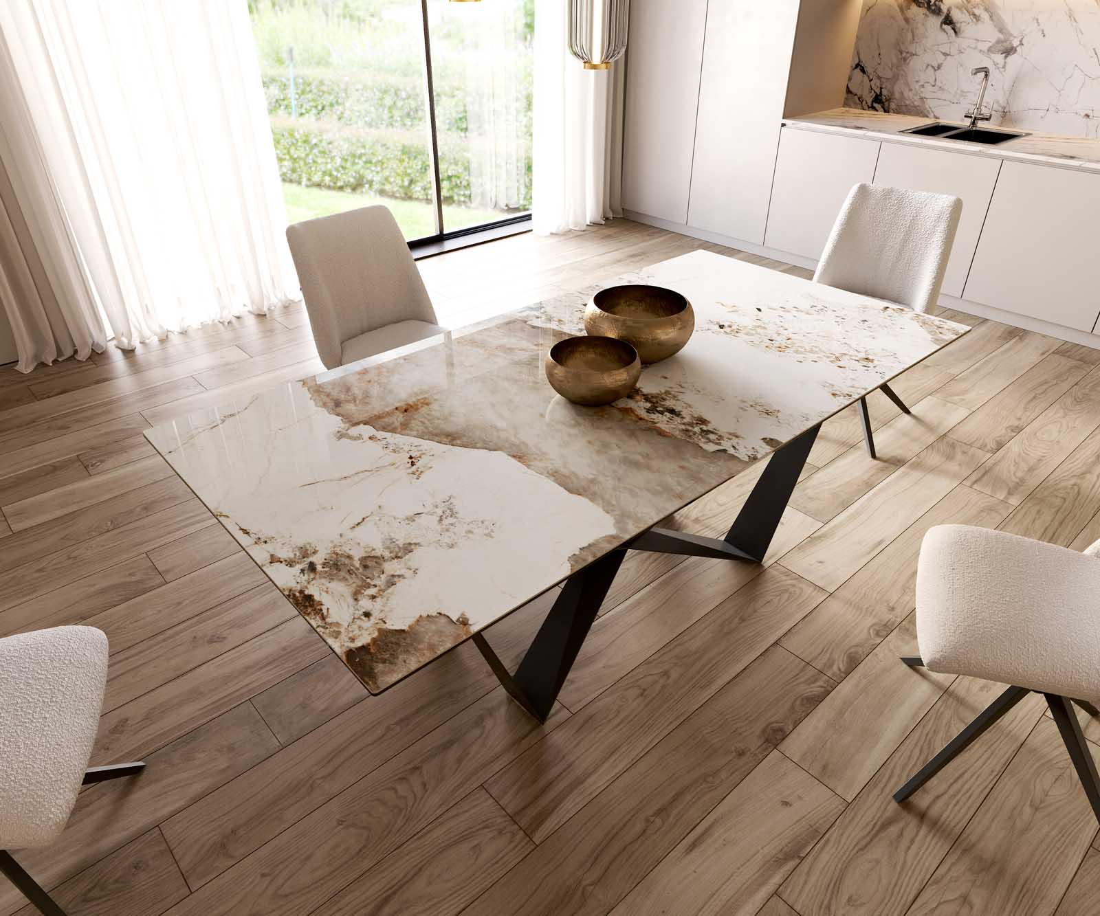 Esstisch Edge 200x100 Keramik Minas Melange Weiß-Beige Spider Flachstahl Schwarz 5