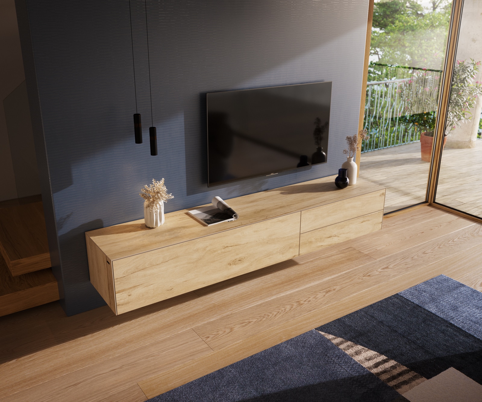 Lowboard Cuor 220 cm Keramik Laminam® Sabbia Eichefarbig 1 Klappe 2 Schubfächer Schwebend 3