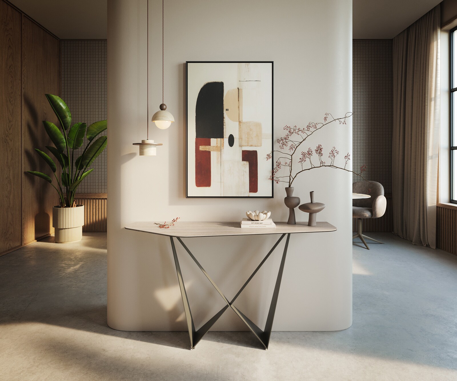 Konsolentisch Edge Polygonal 140x50 cm Keramik Laminam® Travertino Bianco Creme-Weiß Spios Metall Effektfinish Titan 3