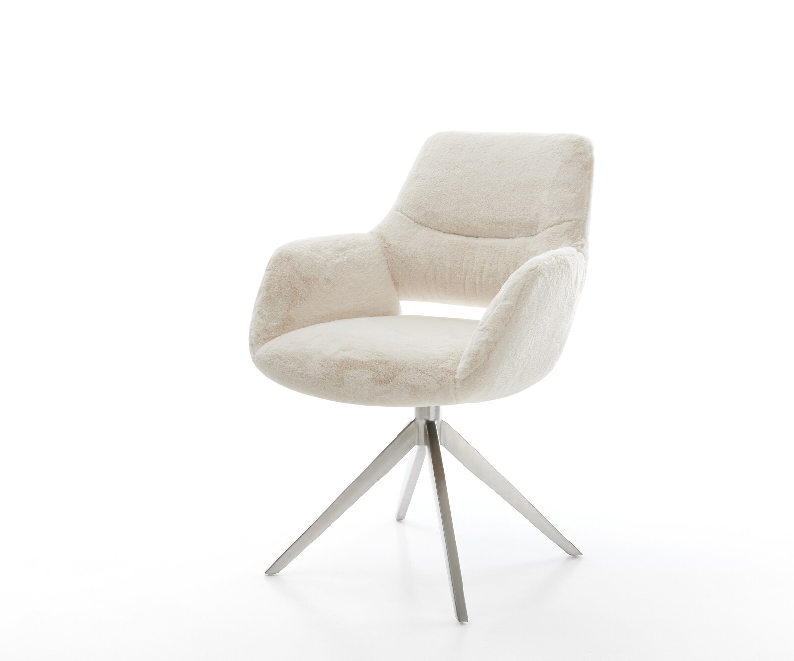 Drehstuhl Yago-Flex mit Armlehnen Plüsch Creme-Weiß Kreuzgestell breit Edelstahl 360° drehbar Wippfunktion Taschenfederkern