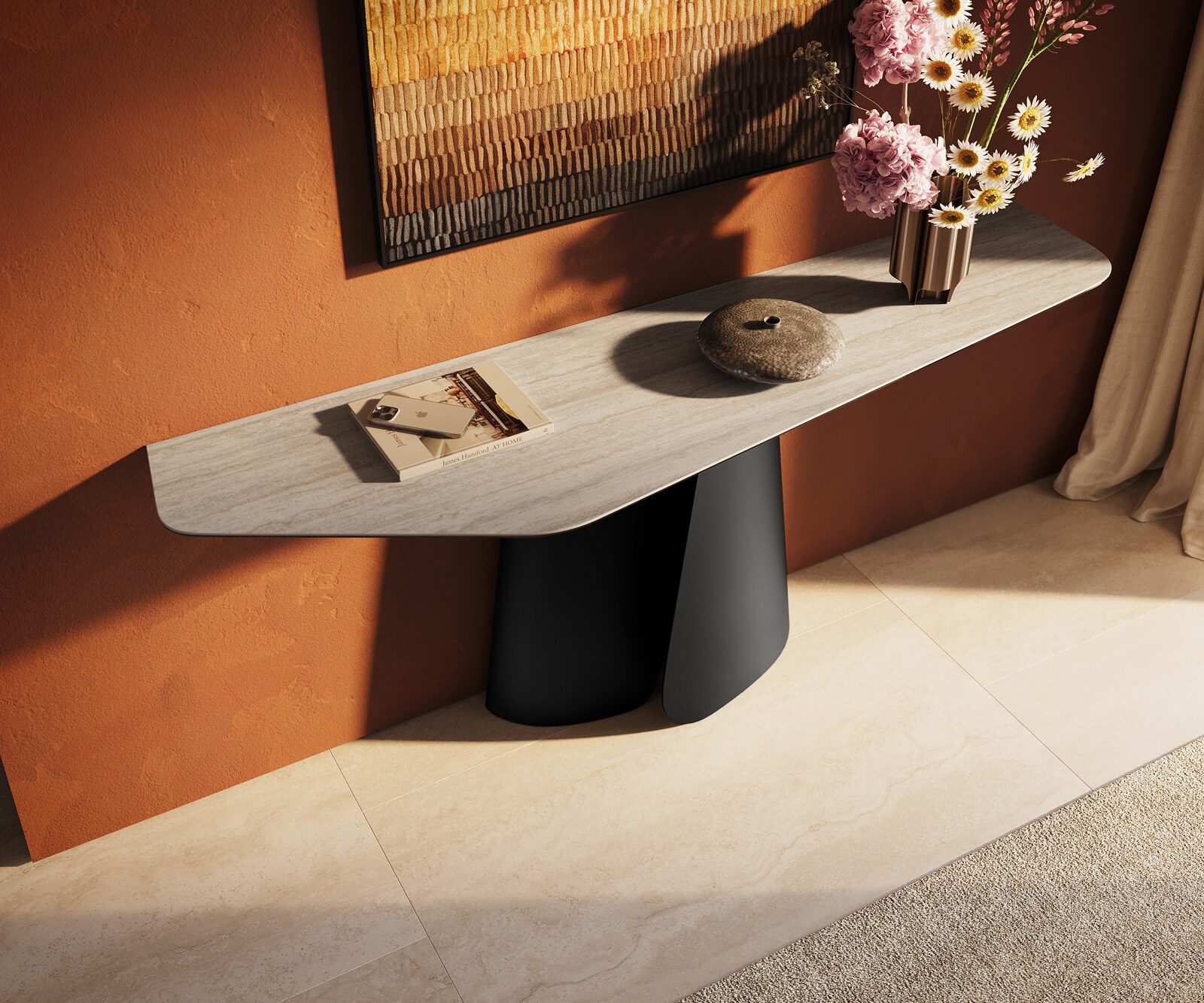 Konsolentisch Edge Polygonal 180x50 cm Keramik Laminam® Travertino Bianco Creme-Weiß Livos Metall Schwarz 3