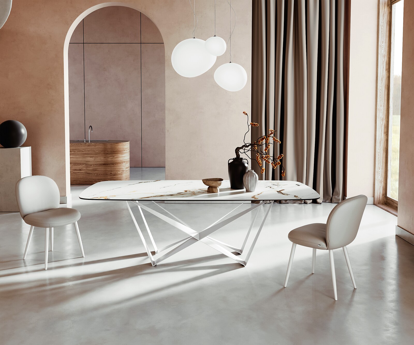 Esstisch Edge Boot 240x120 cm Keramik Calacatta Luxe Weiß-Gold-Grau Spider Metall Weiß 1