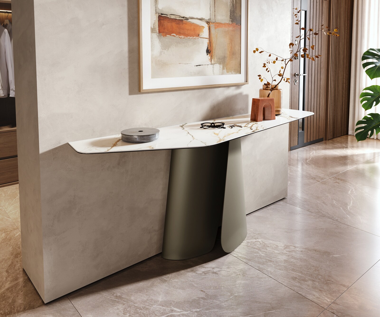Konsolentisch Edge Polygonal 180x50 cm Keramik Calacatta Luxe Weiß-Gold-Grau Livos Metall Effektfinish Titan 1