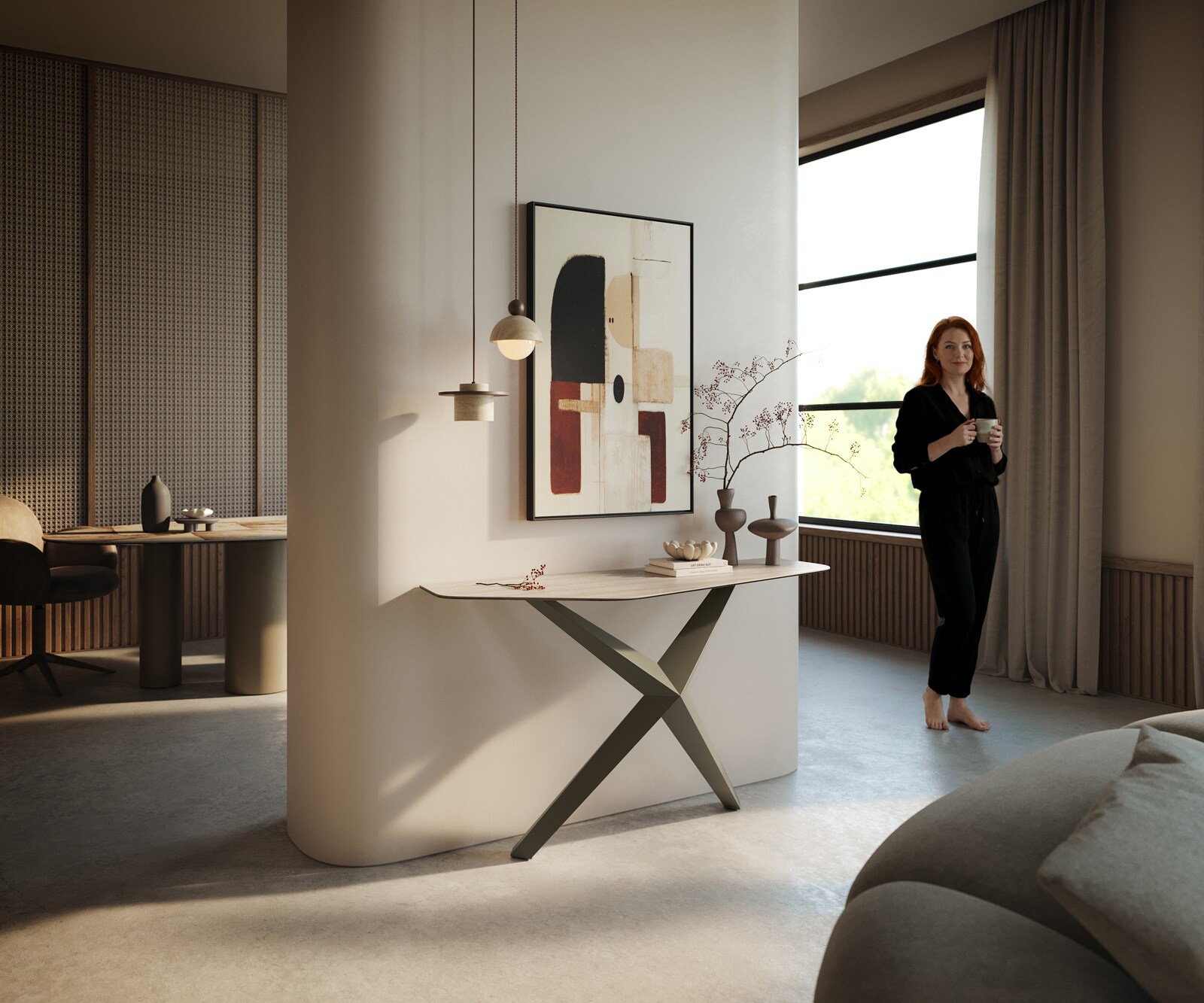 Konsolentisch Edge Polygonal 140x50 cm Keramik Laminam® Travertino Bianco Creme-Weiß Zentharo Metall Effektfinish Titan 6