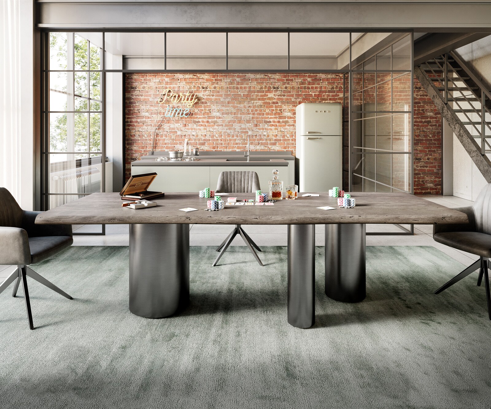 Esstisch Edge 260x100 Akazie Platin Troa Edelstahl Graphit Live-Edge 1