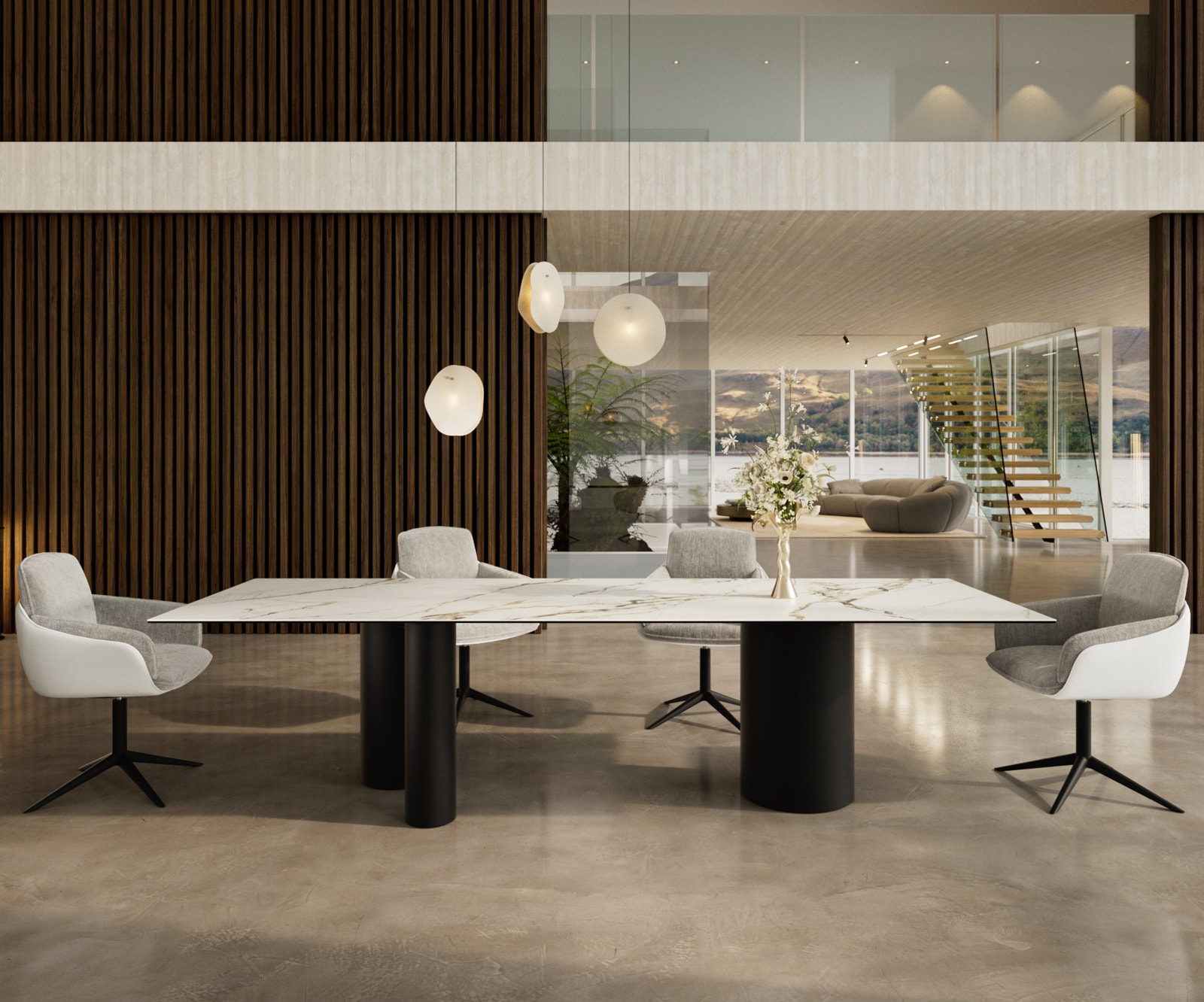 Esstisch Edge 300x100 Keramik Calacatta Luxe Weiß-Gold-Grau Troa Metall Schwarz