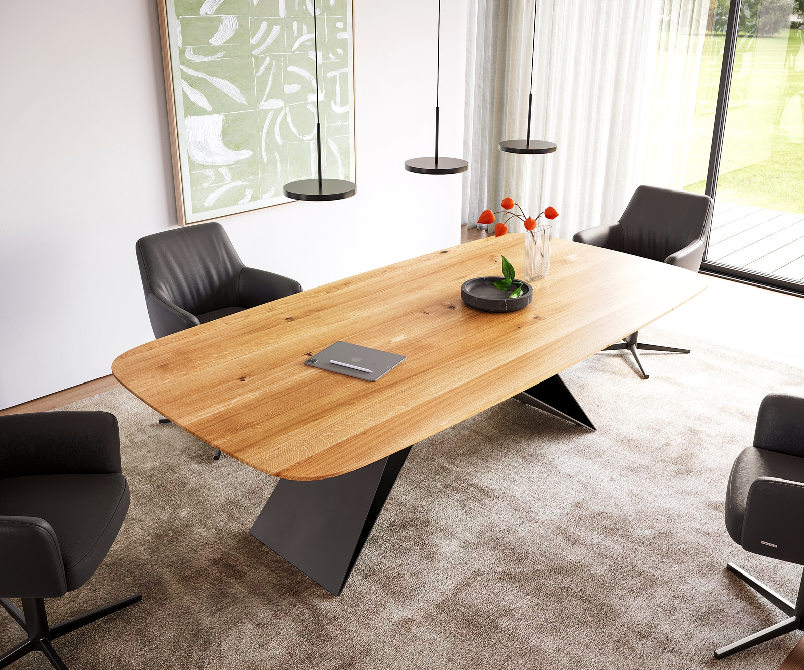 Esstisch Edge Boot 240x120x2,5-3 Eiche Natur V-Gestell Flachstahl Schwarz Schweizer Kante 6 Esstisch Edge Boot 240x120x2,5-3 Eiche Natur V-Gestell Flachstahl Schwarz Schweizer Kante 6