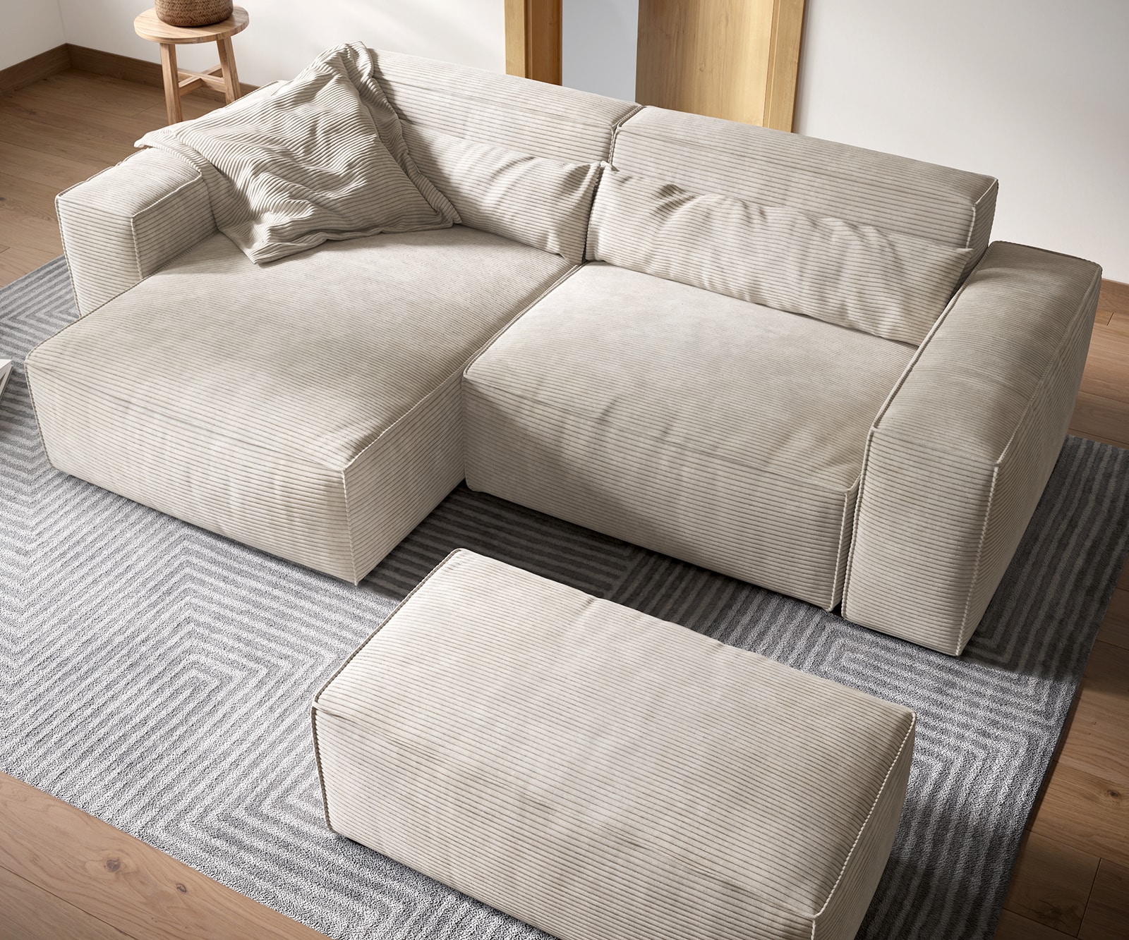 Ecksofa Sirpio XL 270x170 cm Cord Beige Recamiere variabel mit Hocker 3 Ecksofa Sirpio XL 270x170 cm Cord Beige Recamiere variabel mit Hocker 3