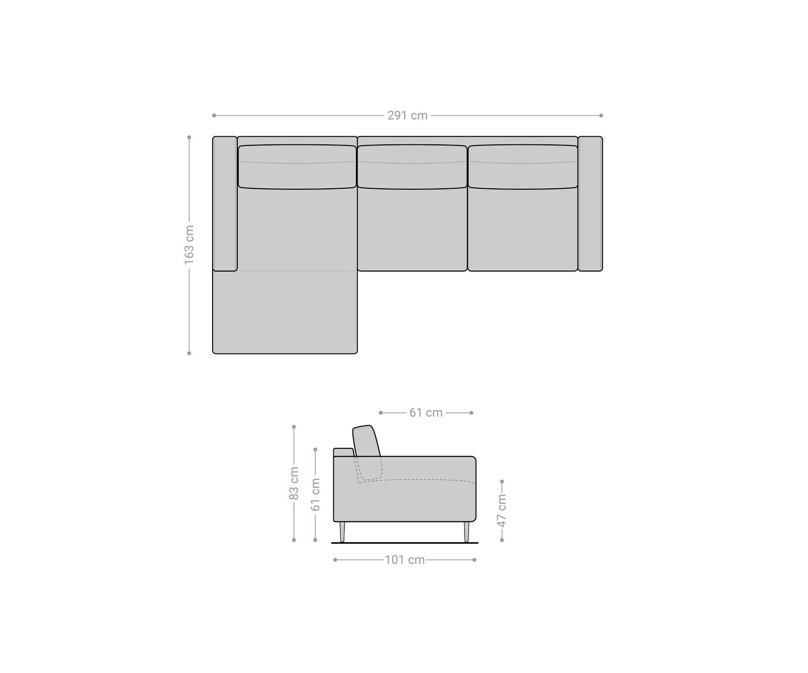 Ecksofa Sottil 290 x 165cm Chenille Anthrazit Recamiere links 6