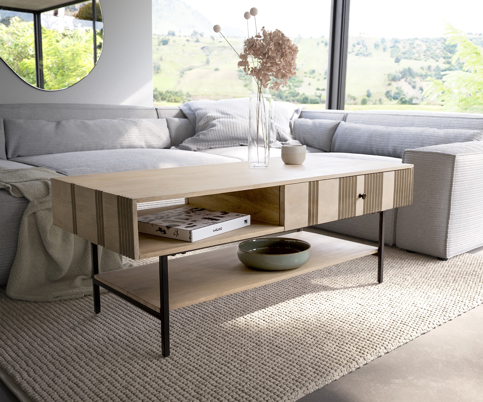 Couchtisch Nereos 130x60 cm Mango White Wash Metall Schwarz Couchtisch Nereos 130x60 cm Mango White Wash Metall Schwarz