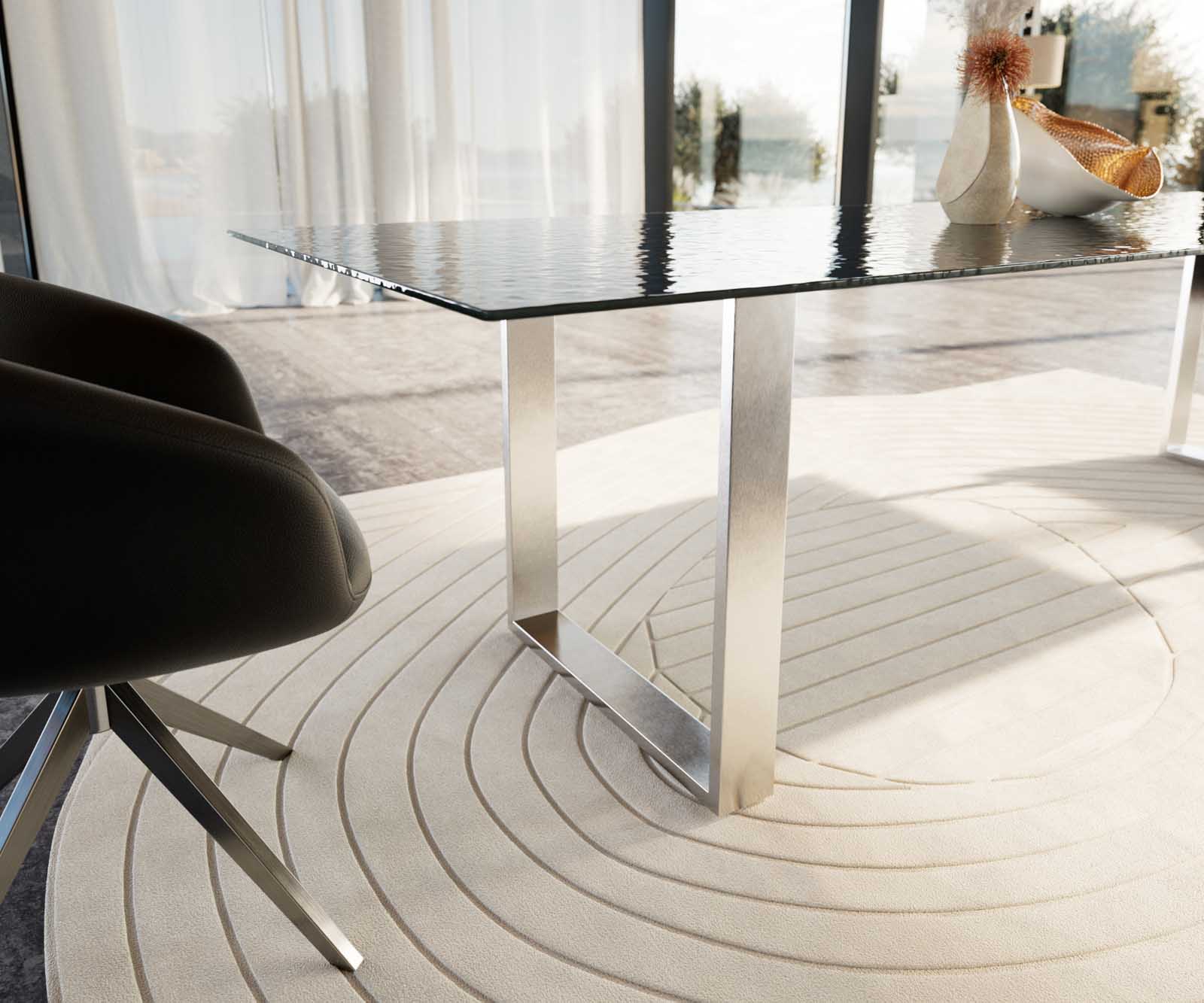 Esstisch Edge 300x100 Reliefglas Rauchschwarz 3D-Design Edelstahl Schmal 5