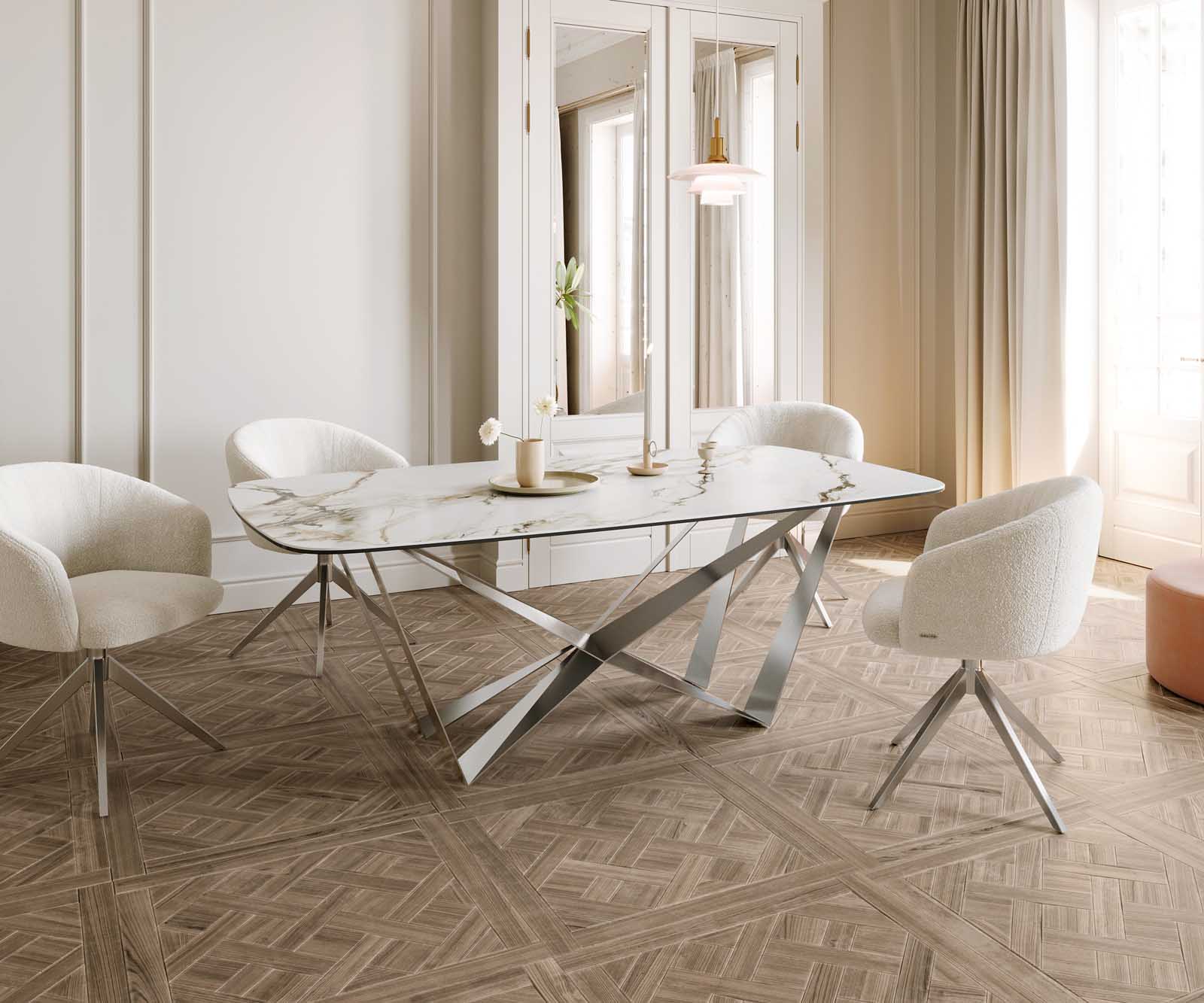 Esstisch Edge Boot 200x100 Keramik Calacatta Luxe Weiß-Gold-Grau Spider Flachstahl Edelstahl 6