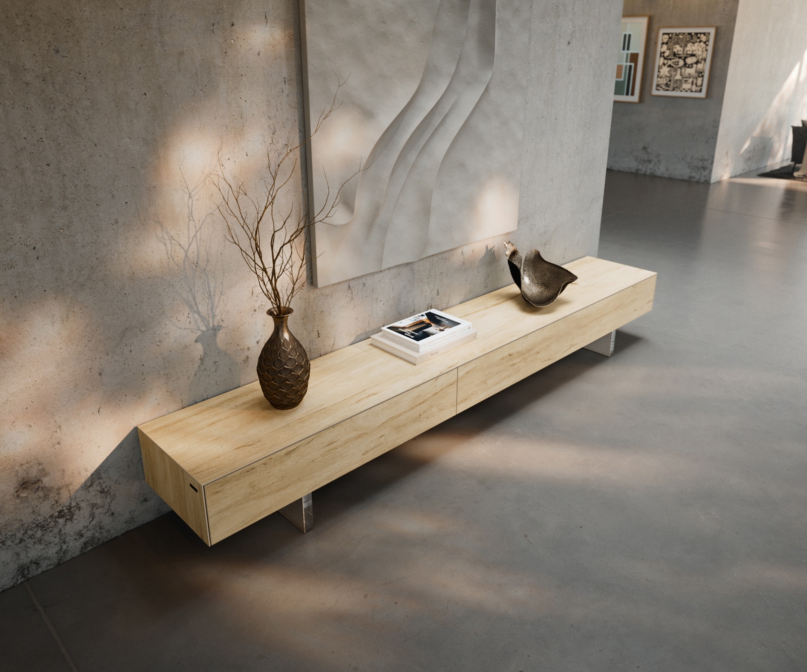 Lowboard Cuor 250 cm Keramik Laminam® Sabbia Eichefarbig 1 Klappe 1 Schubfach Fuß Schwebeoptik Acrylglas 4