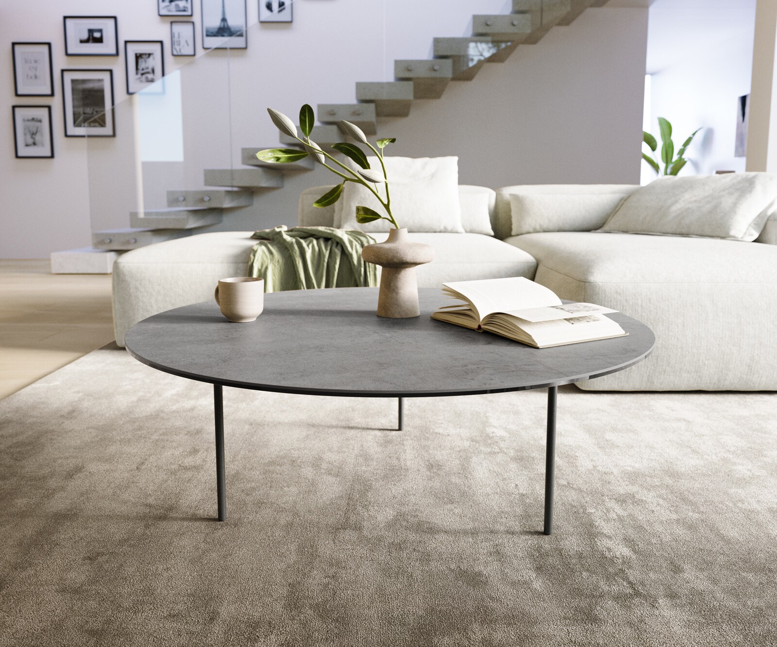 Couchtisch Edge Rund 100x100 cm Keramik Beton Grau Trive Metall Schwarz 1