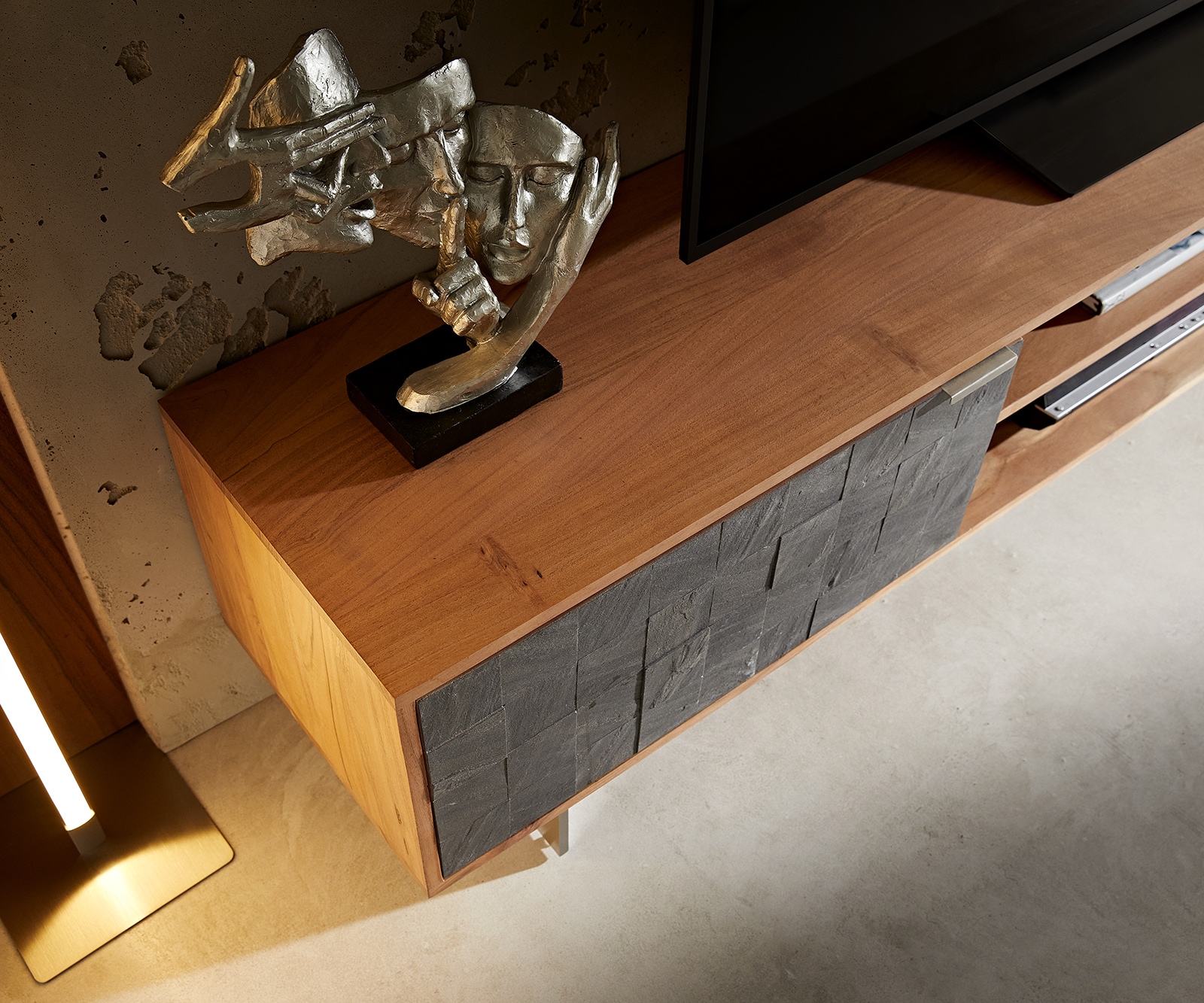 Lowboard Teele 200 cm Akazie Natur Schiefer 2 Türen Fuß schwebend Edelstahl 2 Lowboard Teele 200 cm Akazie Natur Schiefer 2 Türen Fuß schwebend Edelstahl 2