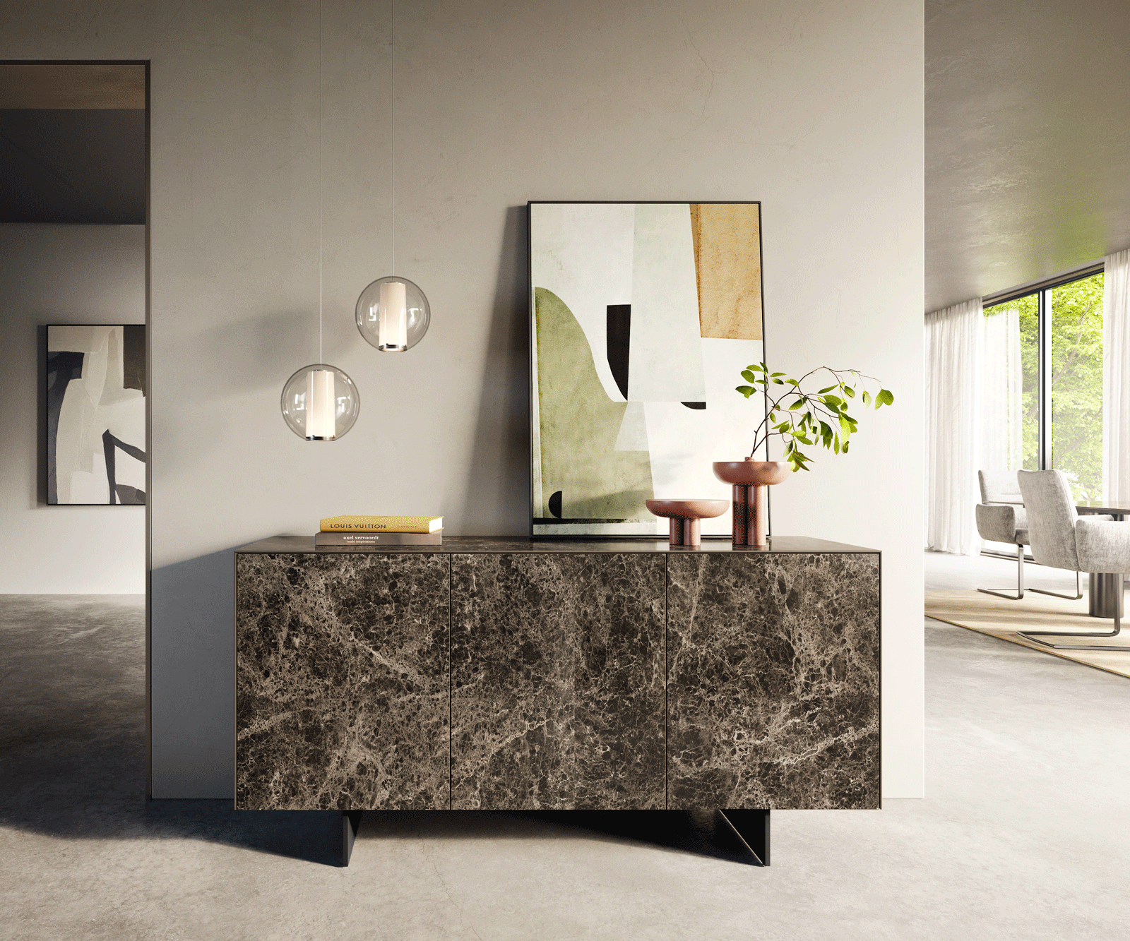 Sideboard Cuor 150 cm Keramik Laminam® Emperador Extra Lucidato Dunkelbraun 3 Türen Fuß Schwebeoptik Metall Schwarz 2