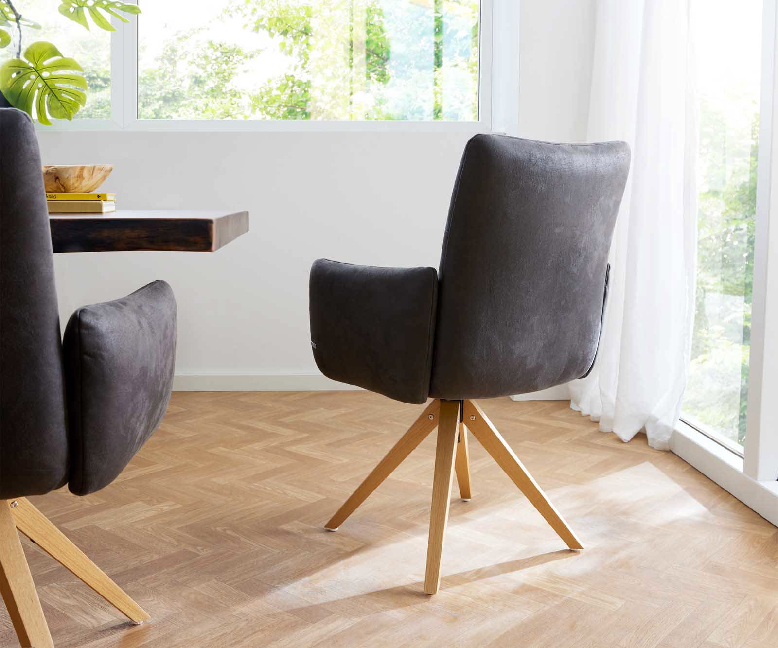 Drehstuhl Jova-Flex mit Armlehnen Mikrofaser Anthrazit Vintage Holzgestell kantig Natur 180° drehbar Taschenfederkern 4