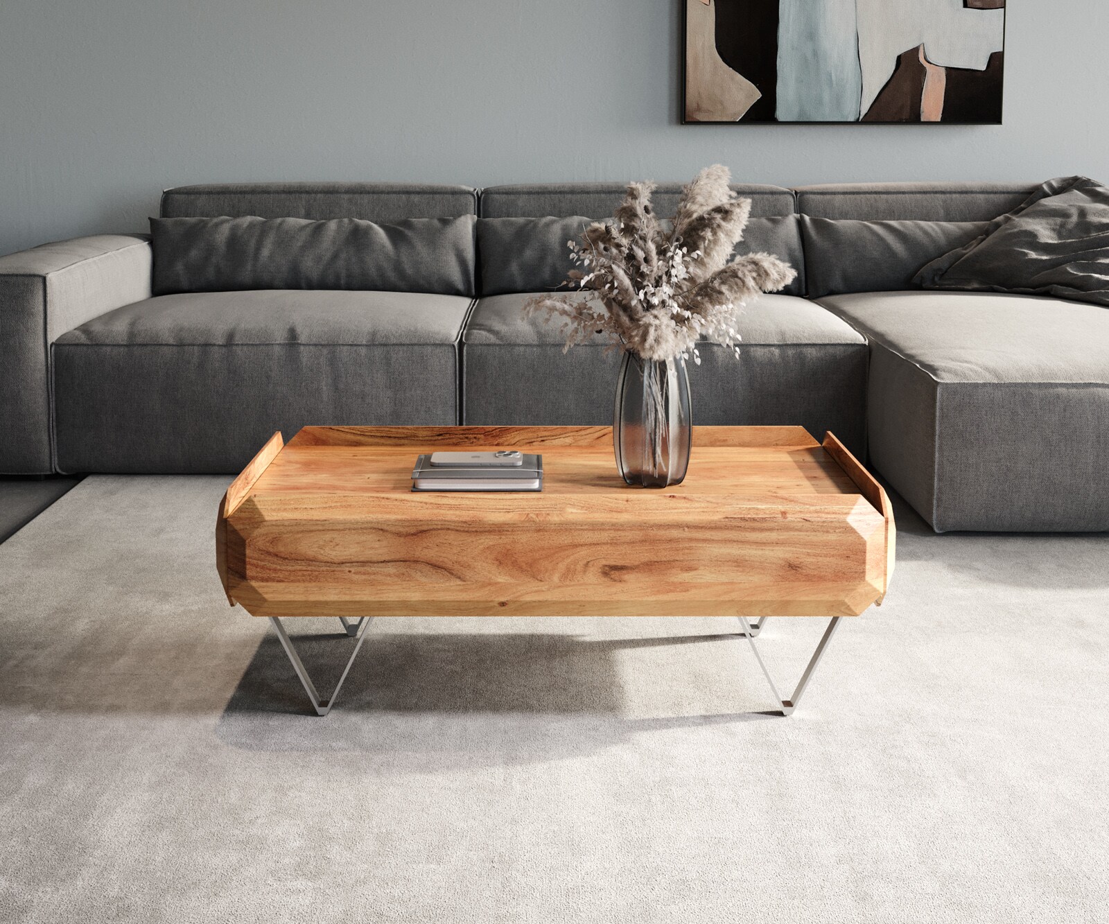 Couchtisch Kiano 100x50 cm Akazie Natur 2 Schübe V-Fuß Edelstahl 1