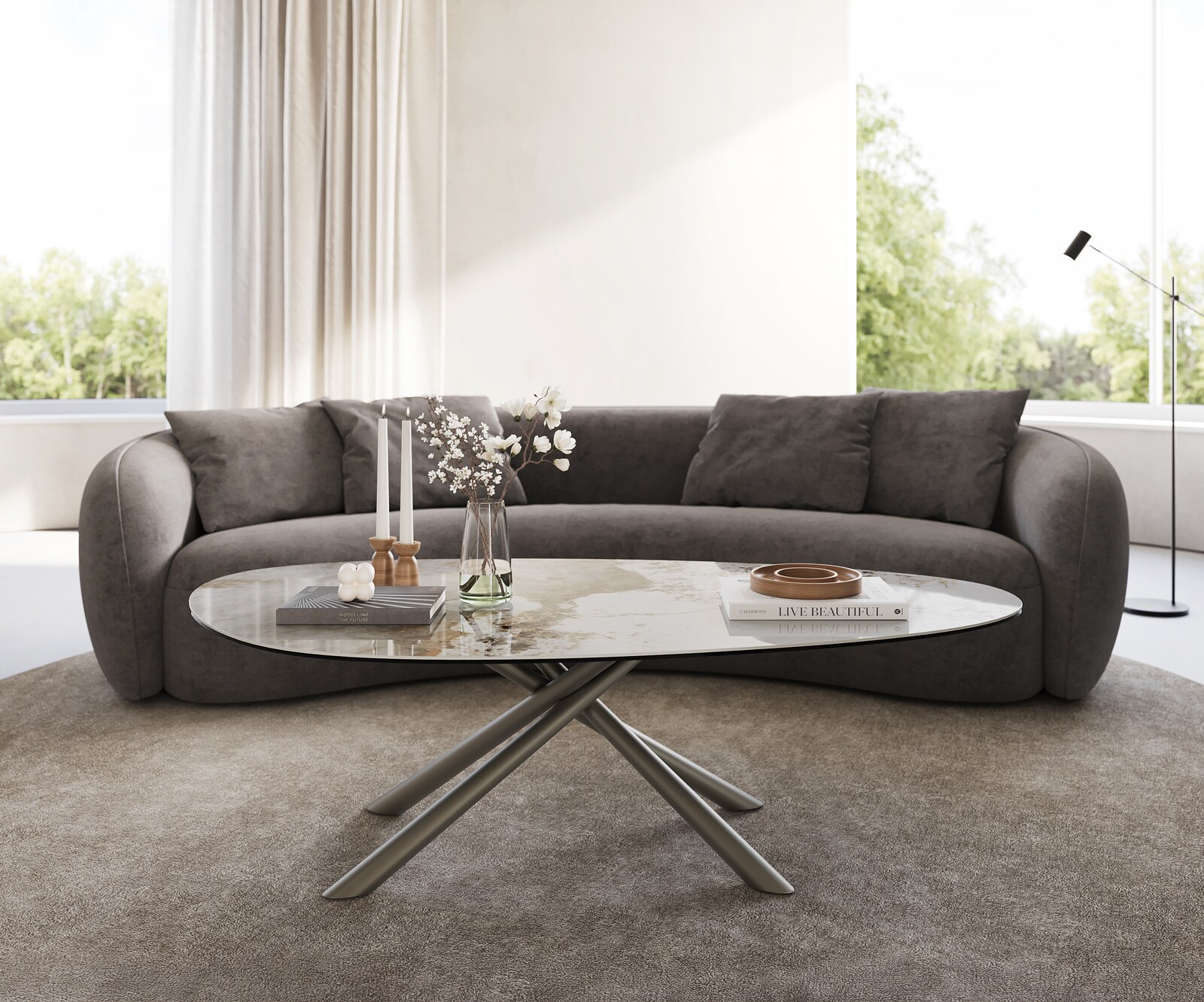 Couchtisch Edge Oval 140x75 cm Keramik Minas Melange Sarity Metall Effektfinish Titan 1