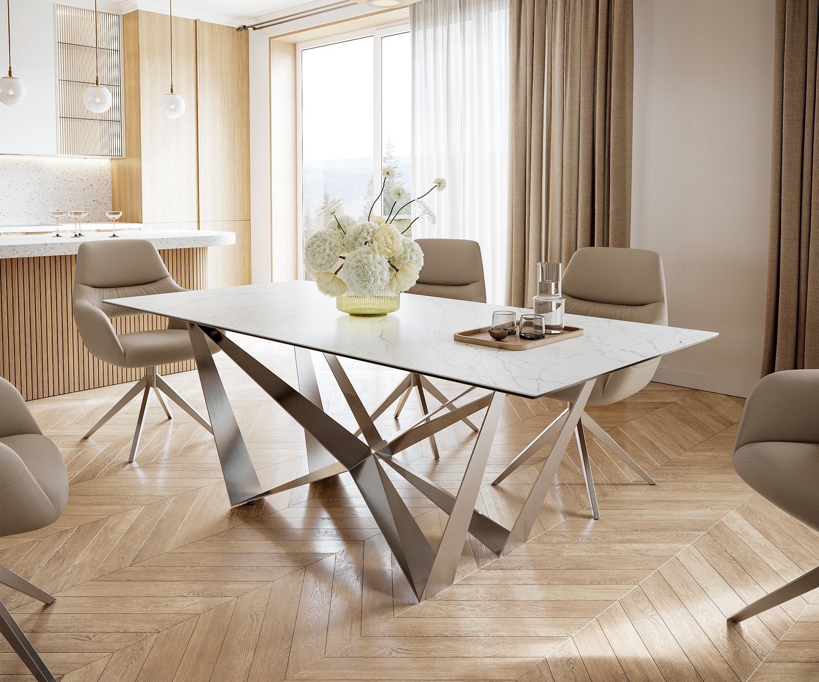 Delife Esstisch Edge 200x100cm Keramik Laminam®Statuarietto Weiß Spider Flachstahl Edelstahl